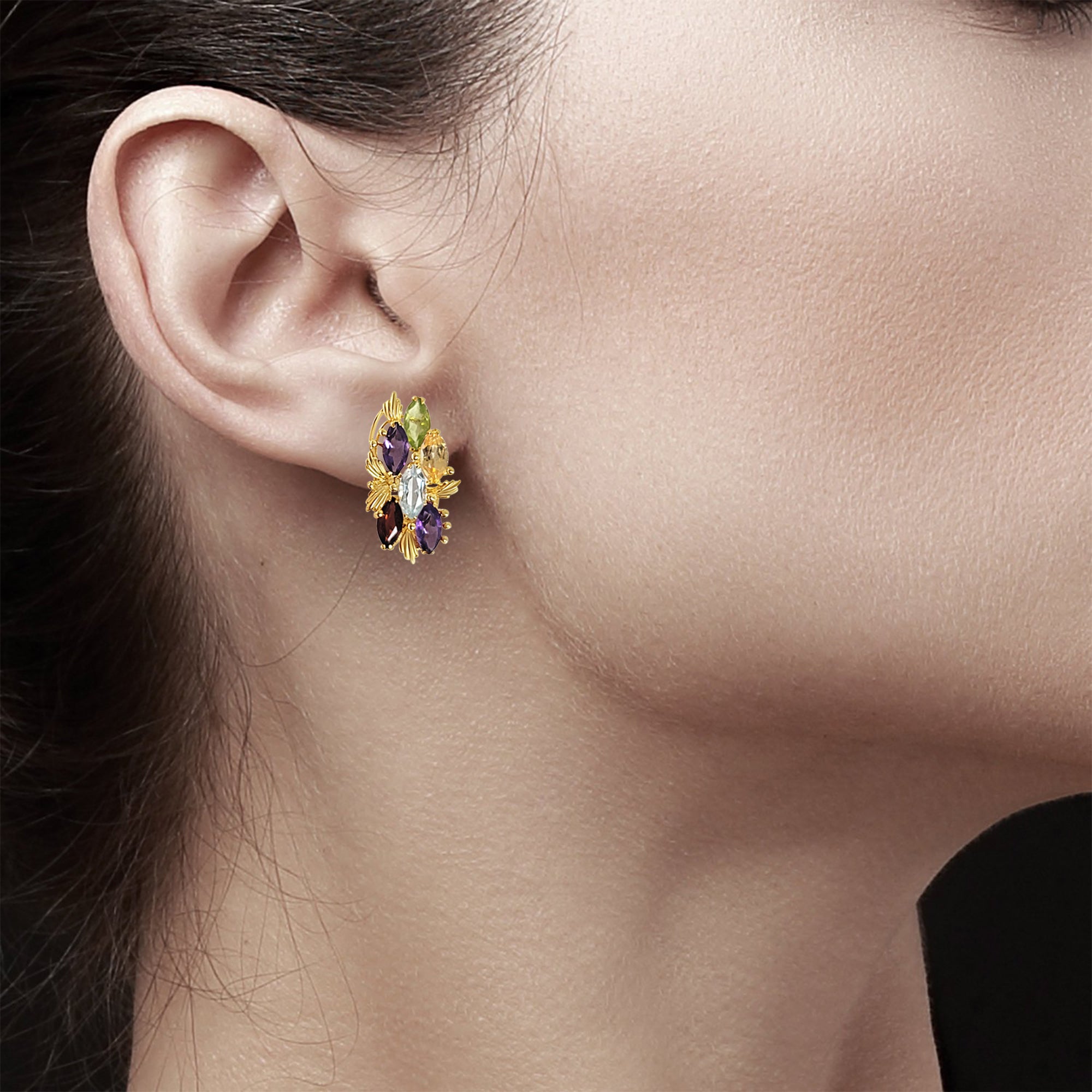 5 CT. Blue Topaz, Citrine, Amethyst, Garnet & Peridot Stud Earrings in 14k Yellow Gold - Elegant Gemstone Jewelry for Women, Perfect for Parties, Weddings & Everyday Wear