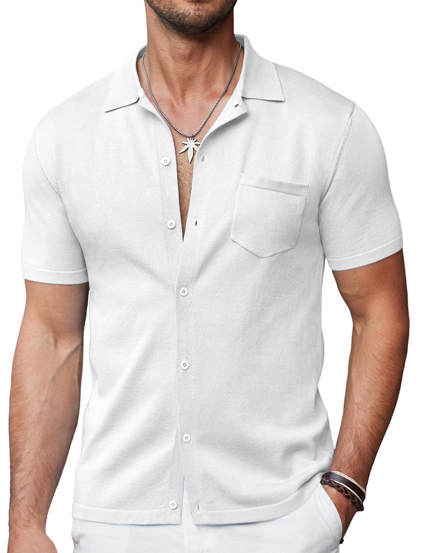 COOFANDY Men's Vintage Short Sleeve Button Down Polo Shirt - Casual Knit Shirt for Summer, Beach, and Outdoor Activities | Breathable & Comfortable Fabric for Daily Wear