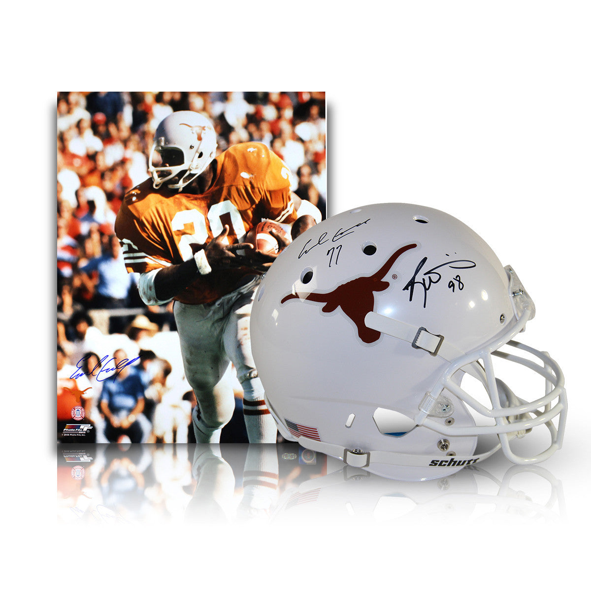Earl Campbell & Ricky Williams Autographed Texas Longhorns Full Size Replica Schutt Helmet with Heisman Inscription - Perfect for Football Collectors, Sports Memorabilia Displays, and Longhorns Fans