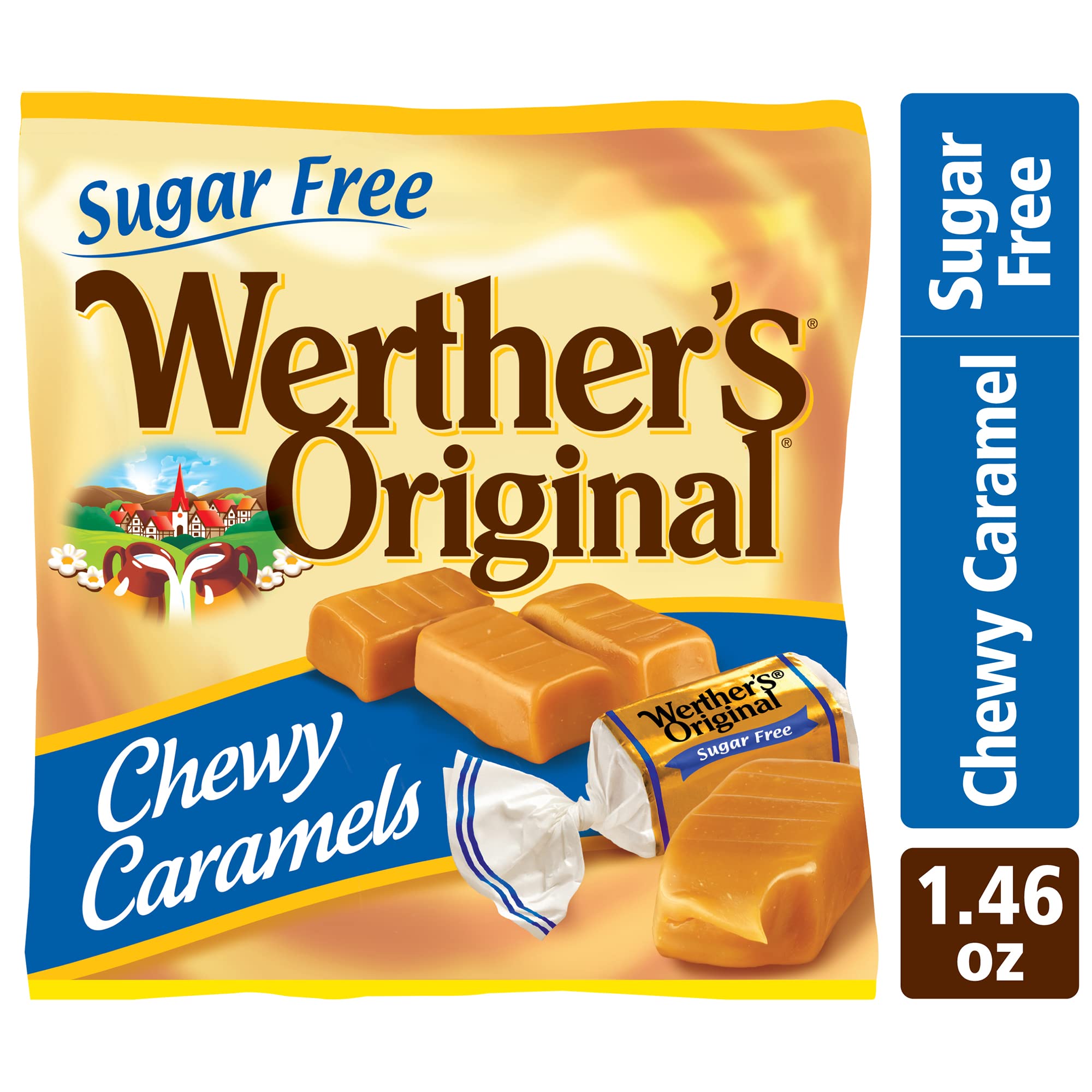 Werther's Original Sugar Free Chewy Caramel Candy - 1.46 Oz Bags (Pack of 12) | Low Calorie Sweet Treat for Diabetics, Keto Diet & Office Snacking