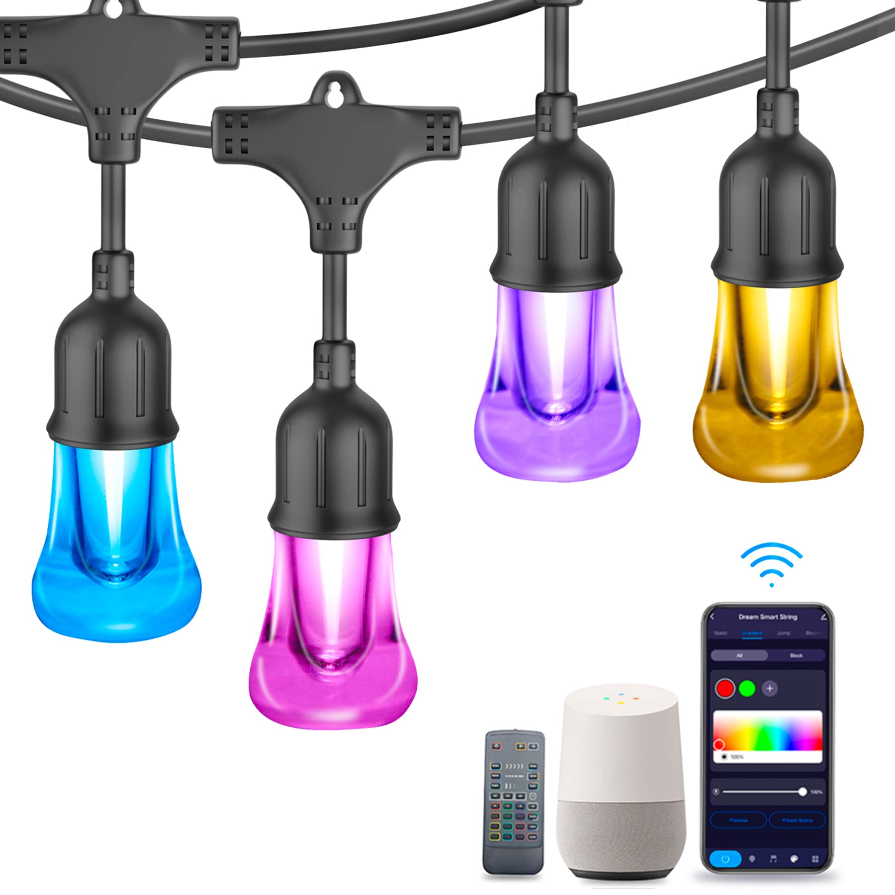 Smart LED Outdoor String Lights - 48FT RGBW Color Changing with 15 Acrylic Bulbs, Alexa/Google Home Compatible, Dimmable Patio Lights for Backyard, Bistro, Party & Commercial Use | Perfect for Garden Decor, Wedding Lighting, and Outdoor Dining Ambiance