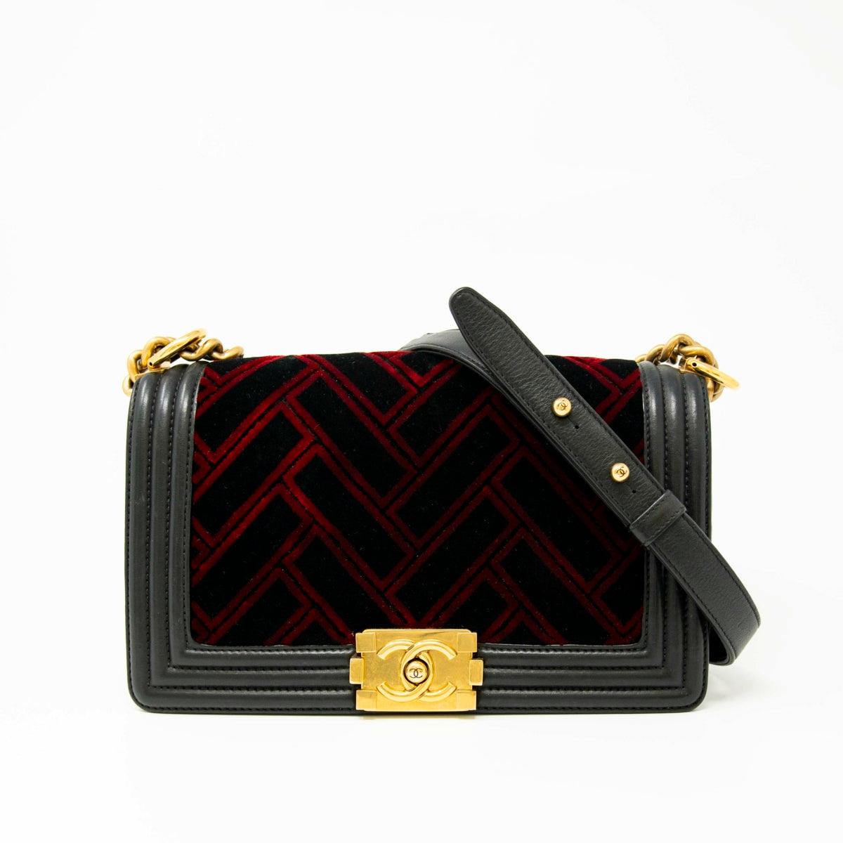 Chanel Medium Boy Bag in Red & Black Velvet - Luxury Designer Handbag for Women, Perfect for Parties, Dates & Special Occasions