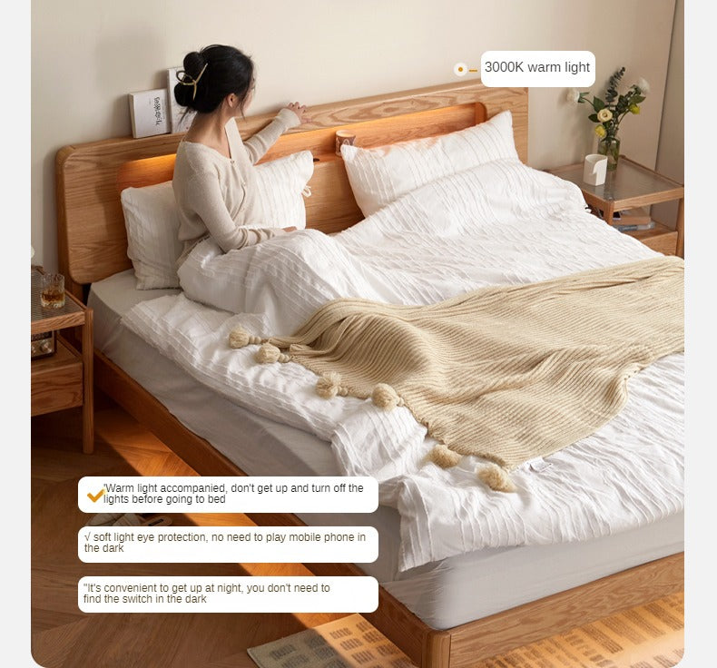 Solid Oak Wood Suspension Luminous Bed - Modern Floating Platform Bed with LED Lighting for Bedroom, Guest Room, or Dorm