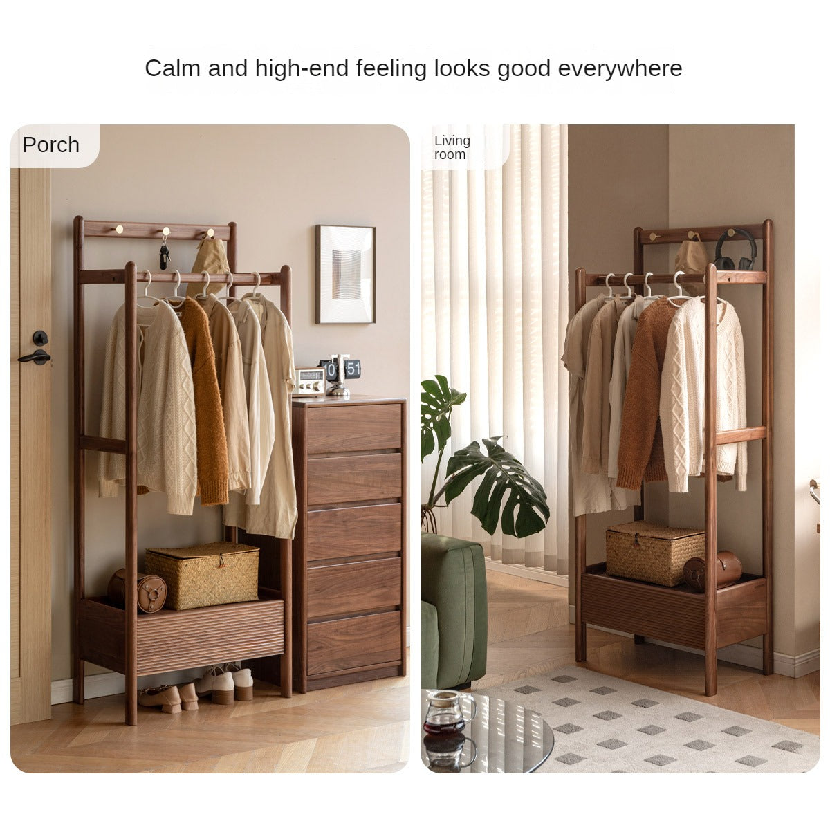Premium Black Walnut & Oak Solid Wood Floor-to-Ceiling Clothes Storage Rack - Heavy-Duty Garment Organizer for Bedroom, Closet, or Entryway