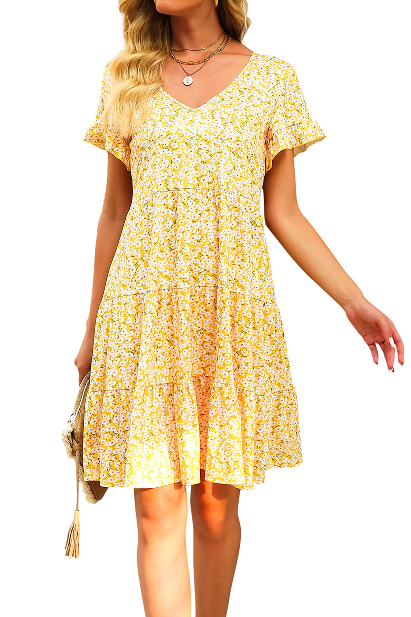 Hibluco Women's Casual Floral Babydoll Tunic Dress - Swing Midi T-Shirt Dress for Summer, Beach, and Everyday Wear