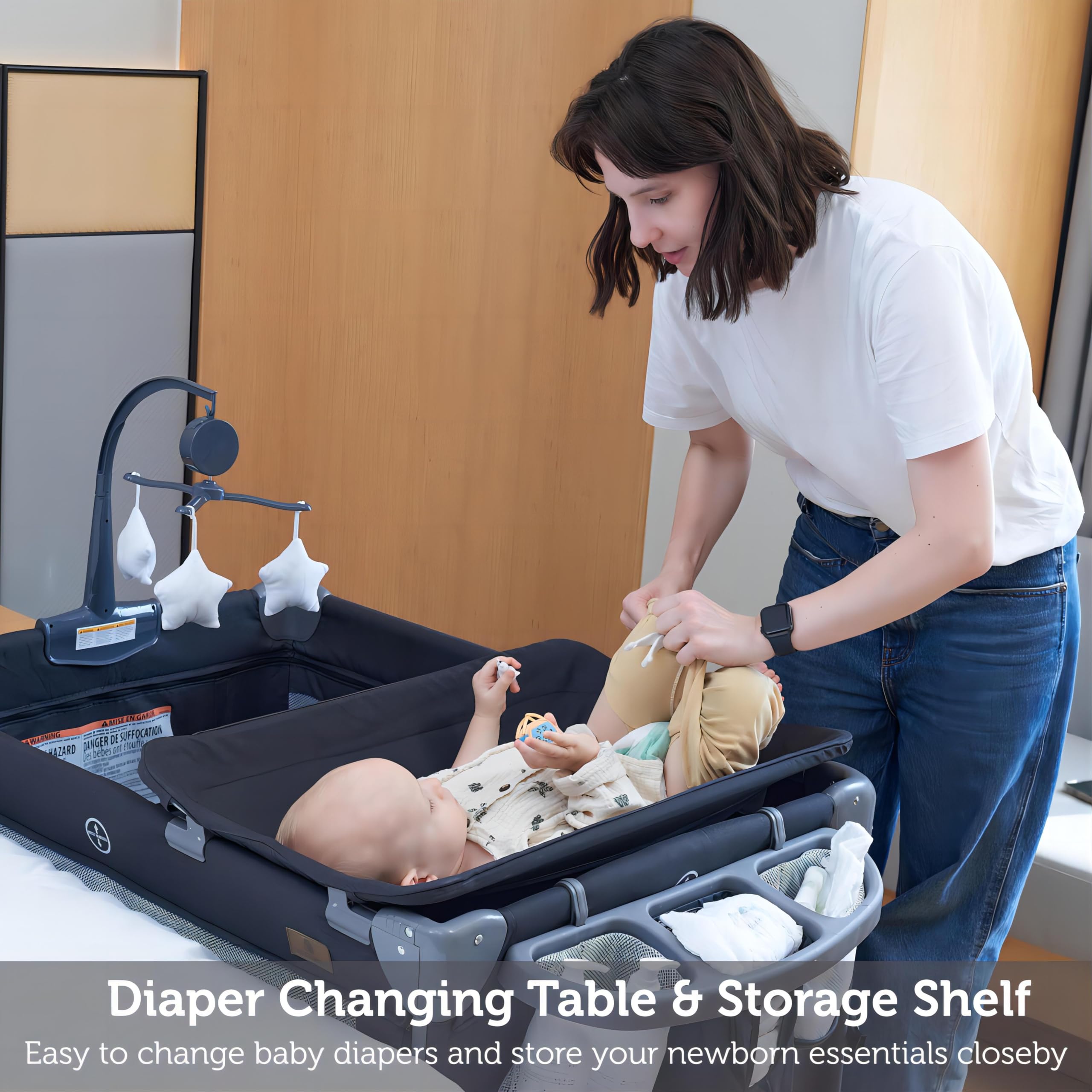 5-in-1 Baby Playard Bedside Sleeper with Bassinet & Mattress - Portable Infant Crib, Playpen, Changing Station & Nursery (BC-21M) - Perfect for Newborns, Travel & Small Spaces