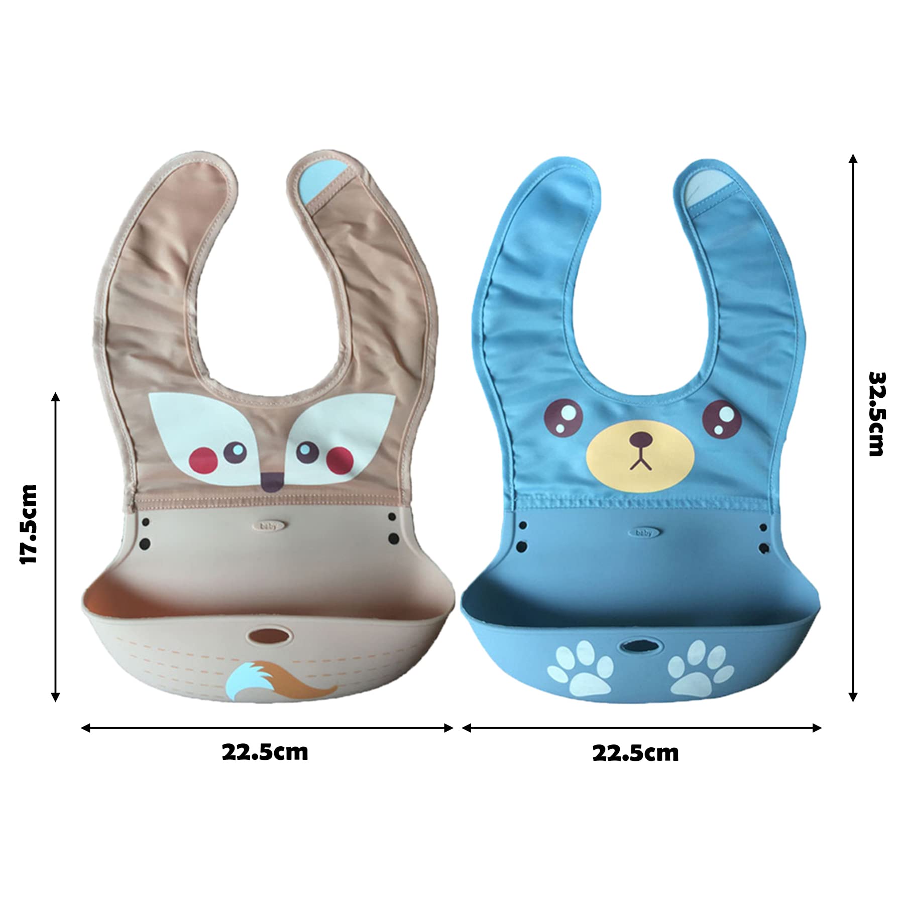 Waterproof Silicone Baby Bib for Infants & Toddlers - Soft, Safe, Eco-Friendly Feeding Bib with Roll-Up Food Catcher - Fox & Bear Cartoon Design (Pack of 2) - Perfect for Messy Meals, Snack Time & On-the-Go Feeding