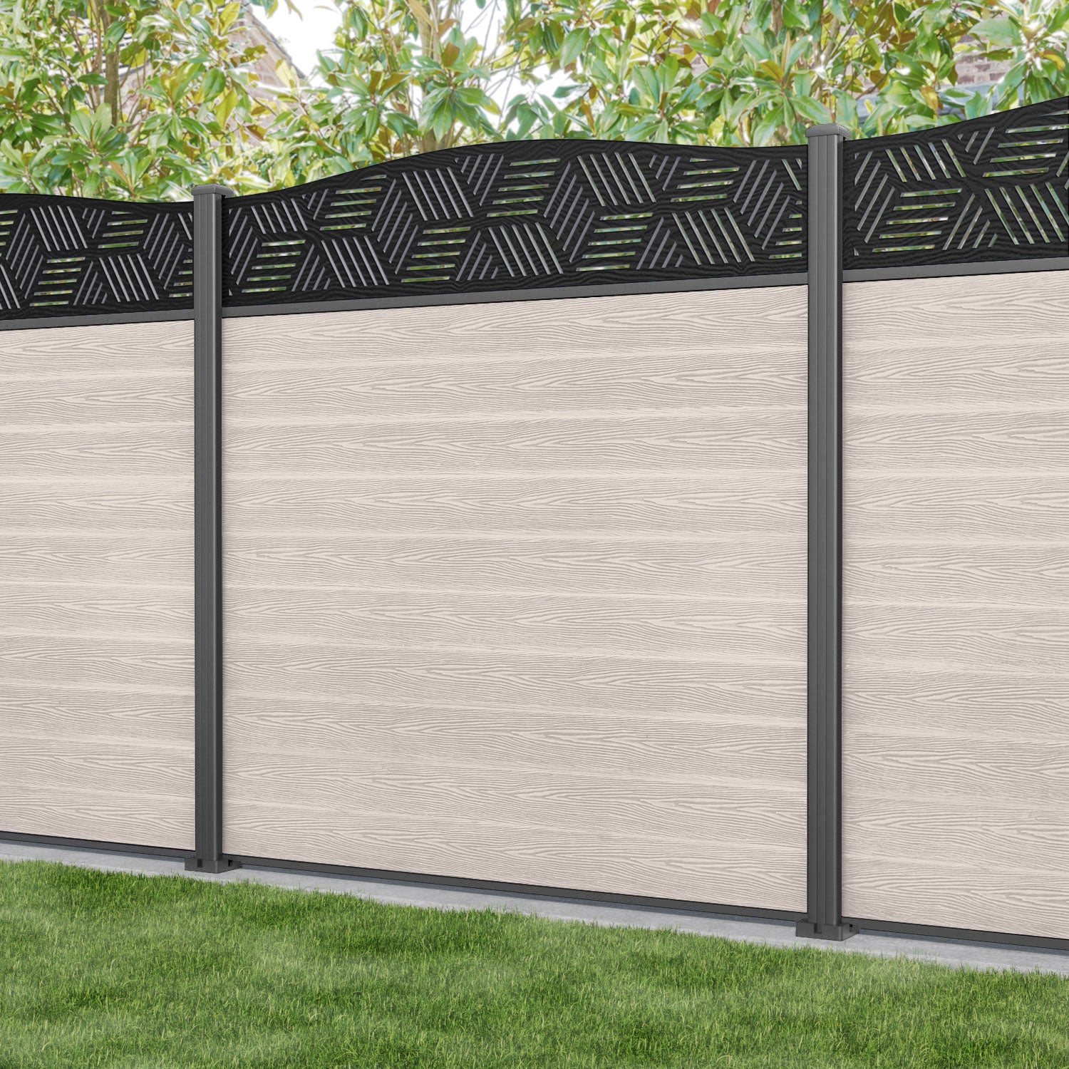 Classic Cubed Curved Top Fence Panel - Mid Stone Color - Durable Aluminum Posts for Garden, Yard & Outdoor Privacy Fencing