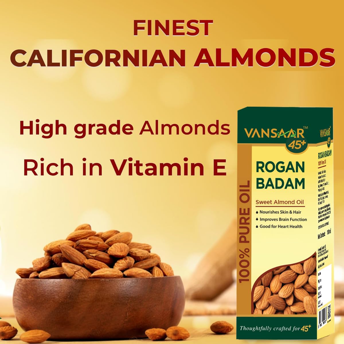 Vansaar 45+ Rogan Badam Oil - 50ml | 100% Pure Natural Cold Pressed Sweet Almond Oil for Skin & Hair Care | Made with Premium Californian Almonds | Perfect for Massage, Aromatherapy & DIY Beauty Recipes