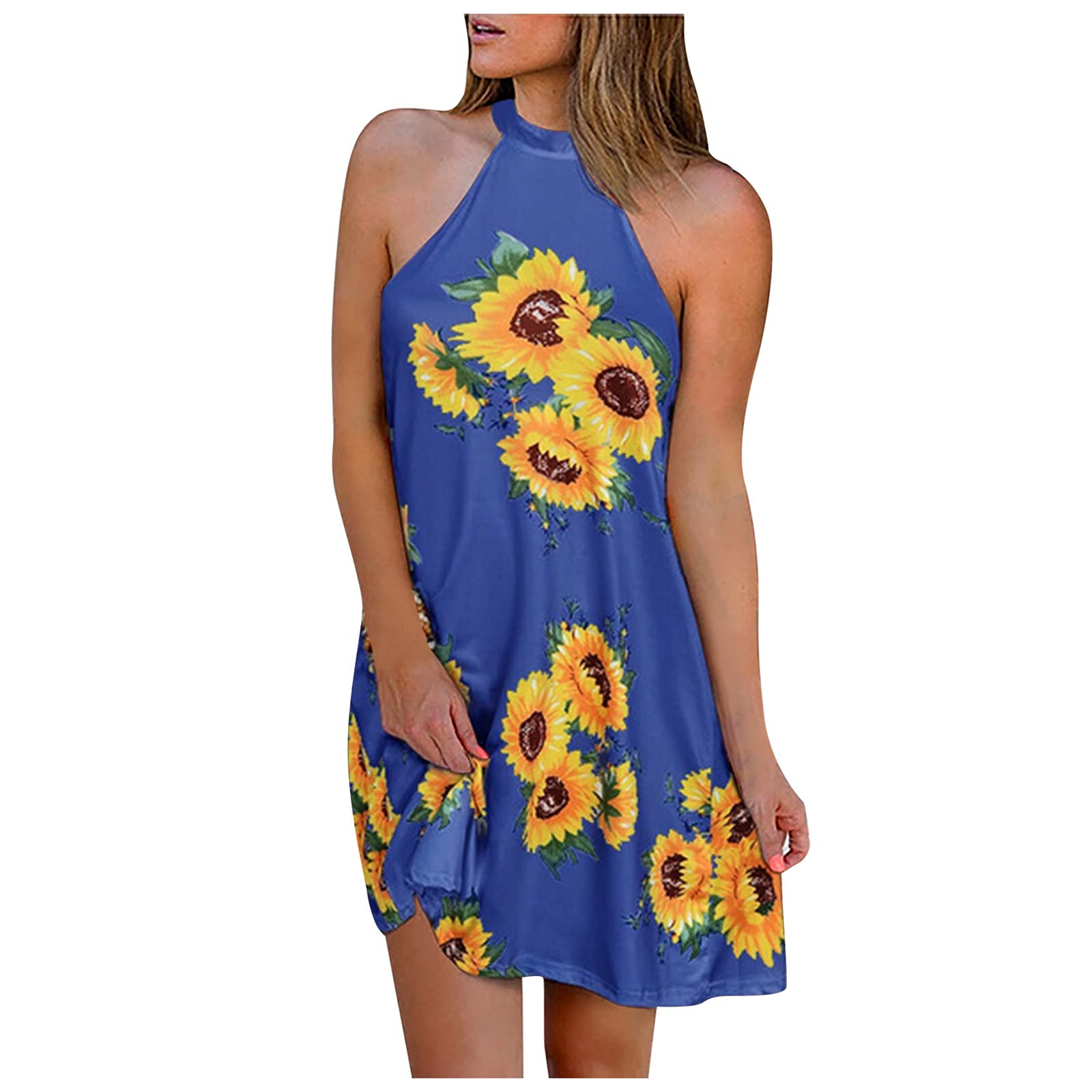 Sunflower Halter Neck T-Shirt Dress - Women's Sleeveless Swing Mini Sundress for Summer | Casual Flowy Dress in Blue | Perfect for Beach Outings, Picnics & Summer Parties