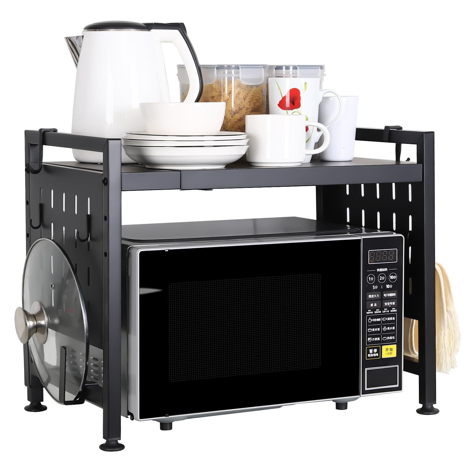 2-Tier Extendable Microwave Oven Rack - Adjustable Kitchen Countertop Shelf with 4 Hooks & Pot Lid Holder - Space Saving Organizer for Small Kitchens & Apartments - Black