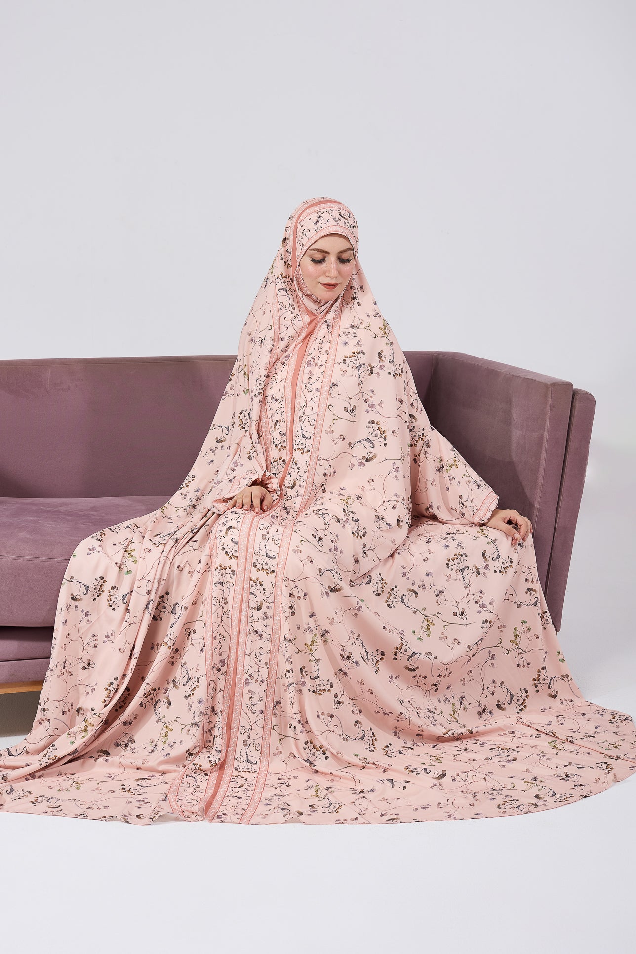 Nouria Satin Floral Prayer Gown - Elegant Floral Print Islamic Prayer Dress with Elastic Cuffs for Women - Perfect for Salah, Ramadan, Eid and Home Worship