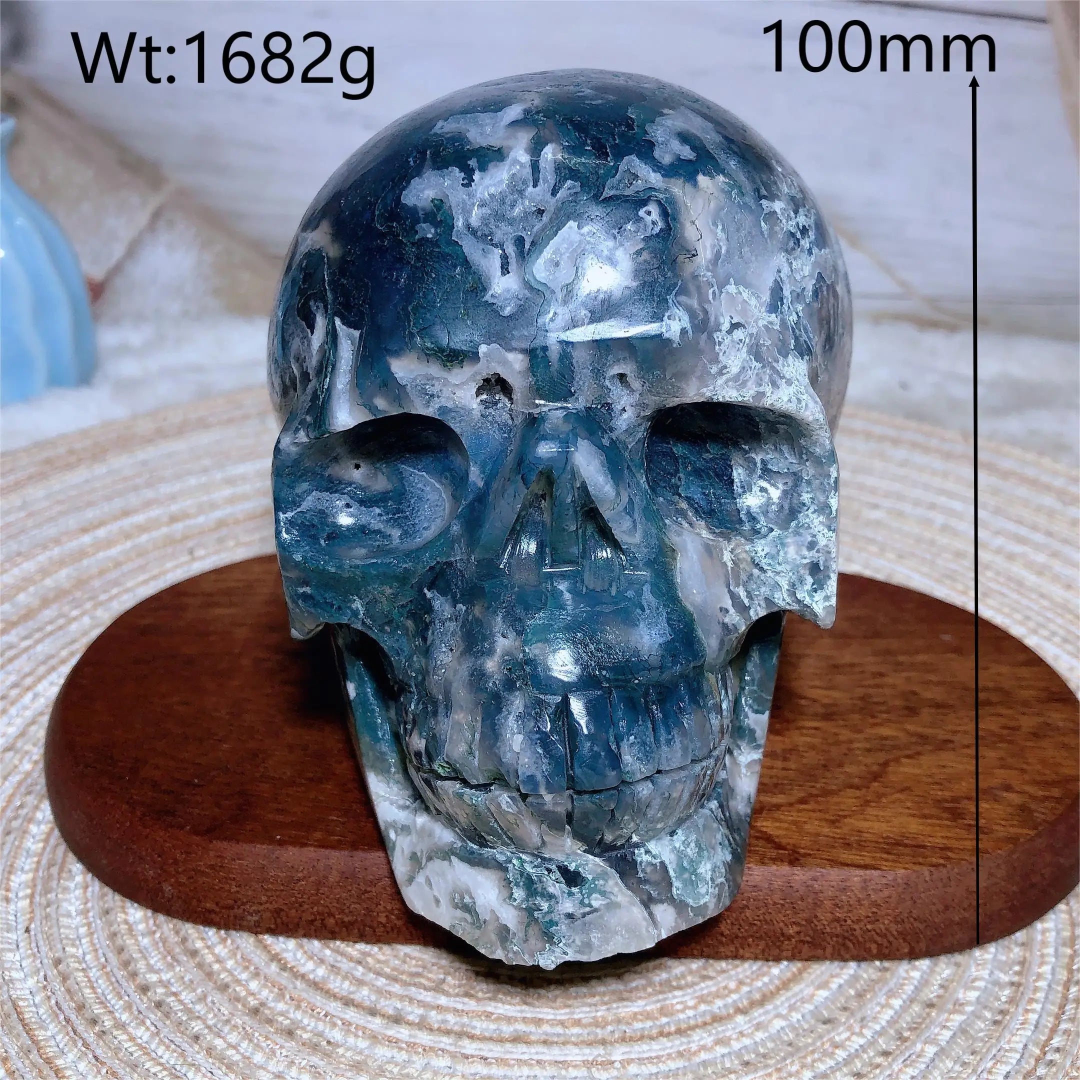 Natural Crystal Moss Agate Skull Carving - Polished Healing Stone for Home Decor, Meditation & Spiritual Energy - Perfect for Yoga Spaces, Altars & Gift Giving