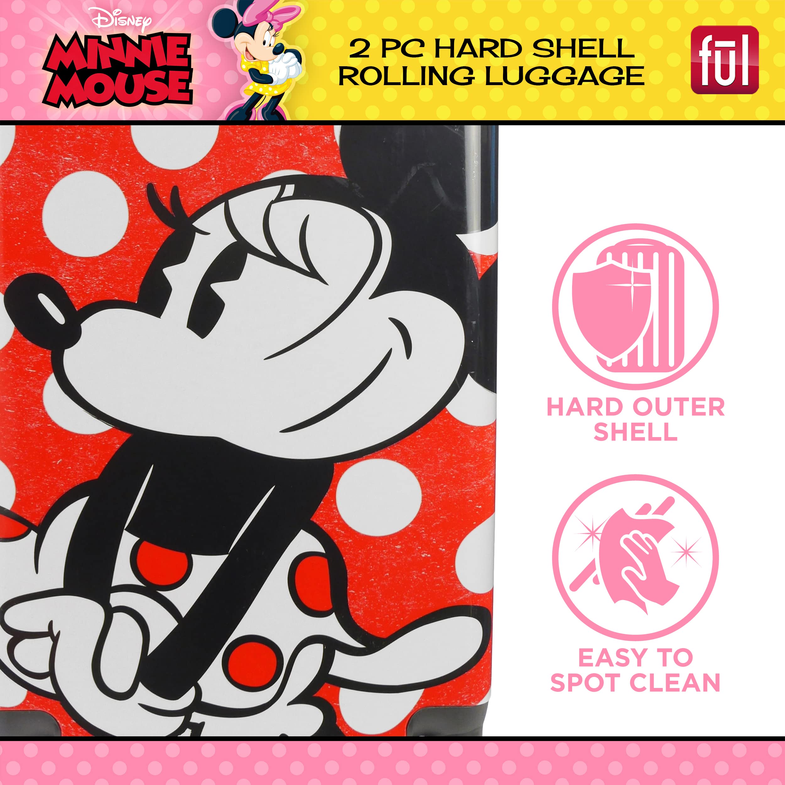 Disney Minnie Mouse Hardshell Rolling Luggage Set - 2-Piece Polka Dot Red Suitcase with Wheels for Women & Kids Travel, Vacation, and Airplane Carry-On
