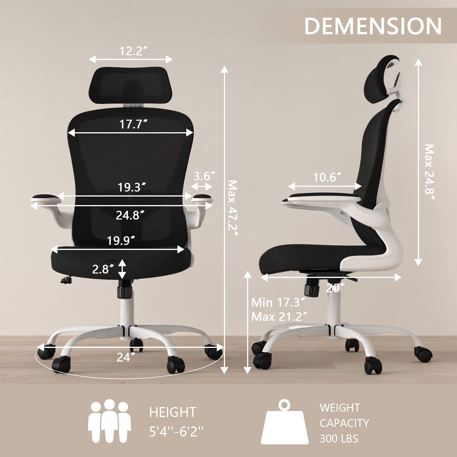 Ergonomic High Back Office Chair with Adjustable Lumbar Support & Headrest - Breathable Mesh Task Chair, Swivel Executive Desk Chair with Flip-Up Armrests - Perfect for Home Office, Gaming & Workspaces