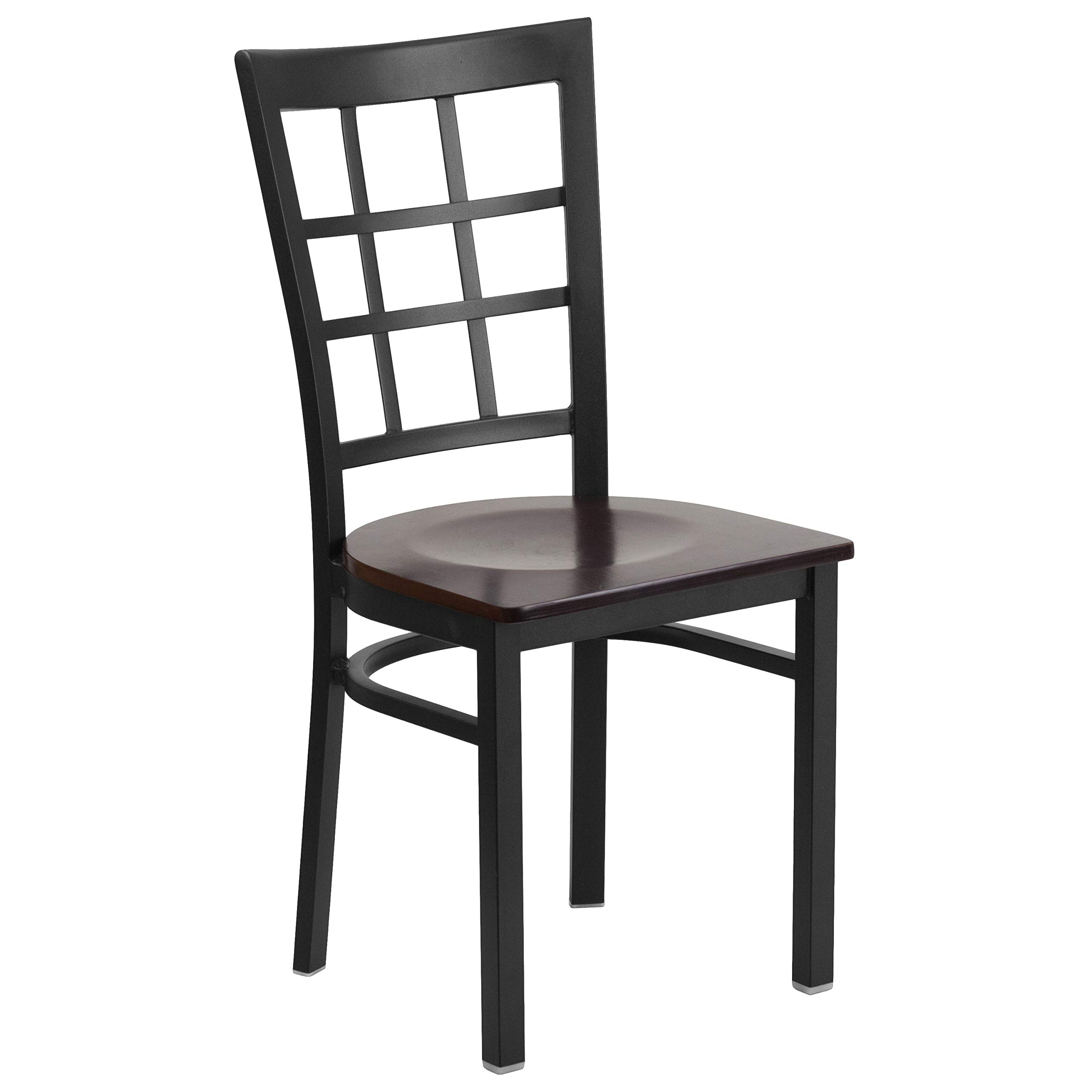 2 Pack Black Metal Frame Restaurant Chairs with Walnut Wood Seat - Heavy Duty Commercial Dining Chairs for Cafe, Bistro, and Home Kitchen Use