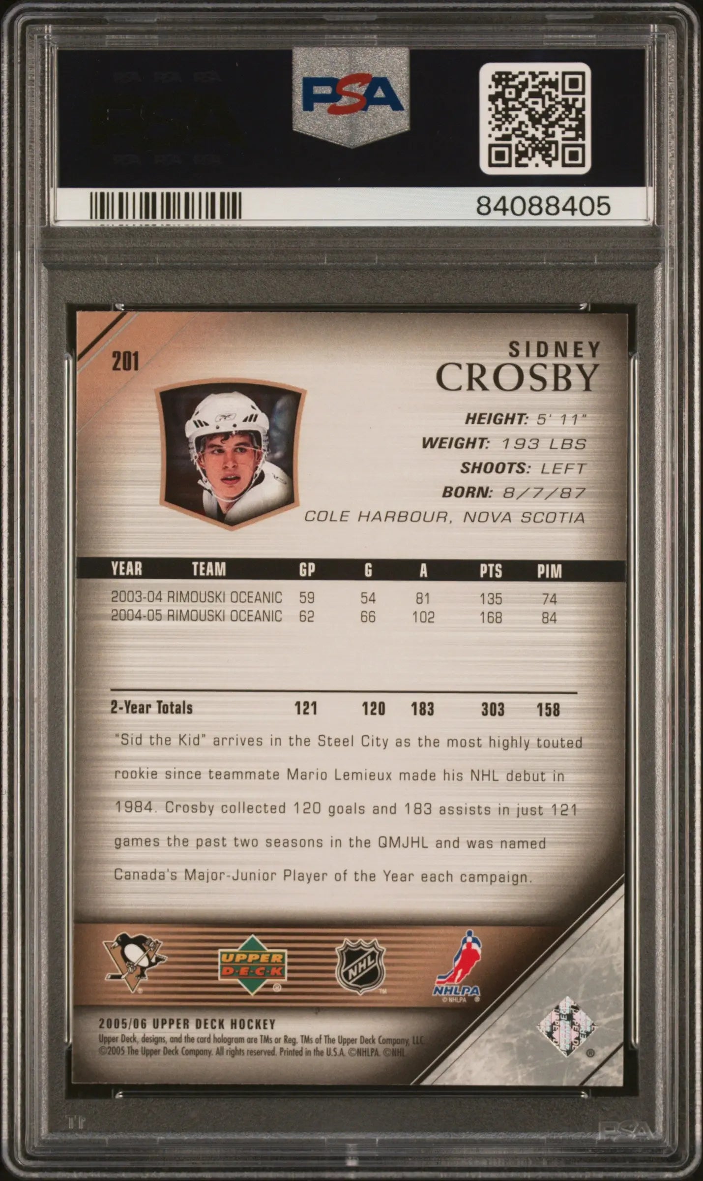 2005-06 Upper Deck Sidney Crosby Young Guns RC Rookie Card PSA 10 Gem Mint - Perfect for Hockey Collectors, Investment & Display in Man Caves