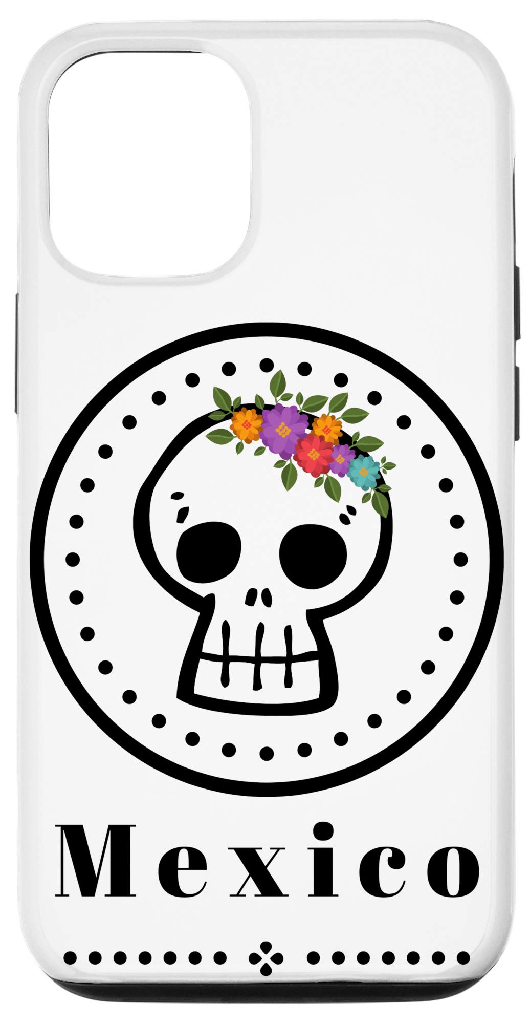 iPhone 12/12 Pro Case - Mexican Sugar Skull Floral Design in White & Black Polka Dots | Durable Protective Cover for Everyday Use, Travel & Special Occasions