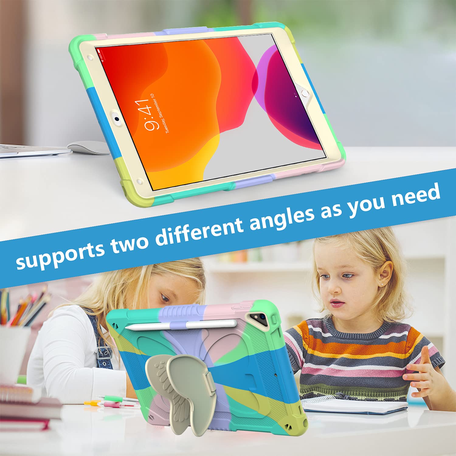 **Shockproof Silicone Kids Case for iPad 9th/8th/7th Generation 10.2 Inch (2021/2020/2019) - Cute 3D Butterfly Design with Kickstand, Durable Protective Cover for Boys & Girls (Colorful Green) - Perfect for School, Travel & Playtime**