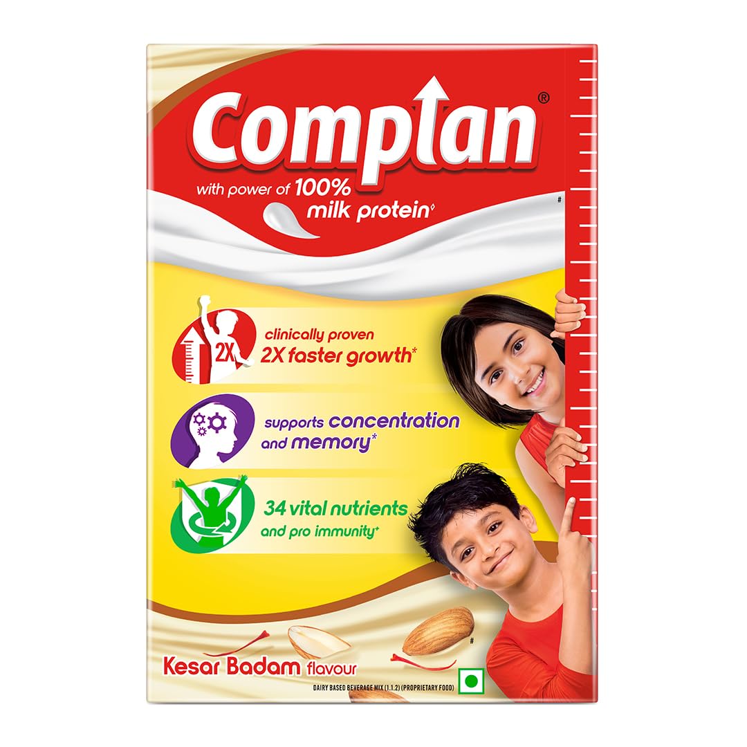 Complan Nutrition Drink Powder for Kids - Kesar Badam Flavor, 500g Carton | Protein-Rich with 34 Essential Nutrients | Ideal for Growing Children's Health & Energy Boosts