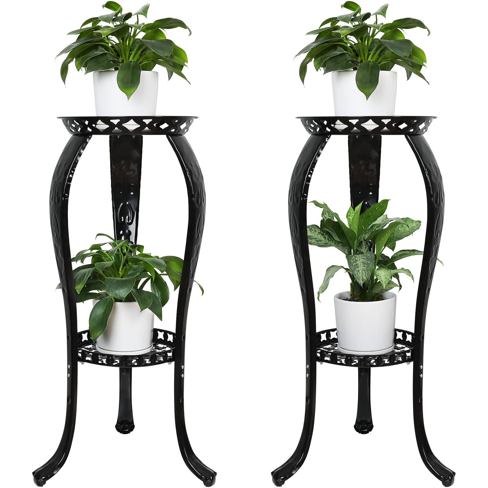 2-Pack Rustproof Metal Plant Stands - 2-Tier Decorative Flower Pot Rack for Indoor & Outdoor Use - Tall Iron Plant Shelf for Garden, Patio, Lawn (Black) - Perfect for Displaying Potted Plants in Living Rooms, Balconies or Backyards
