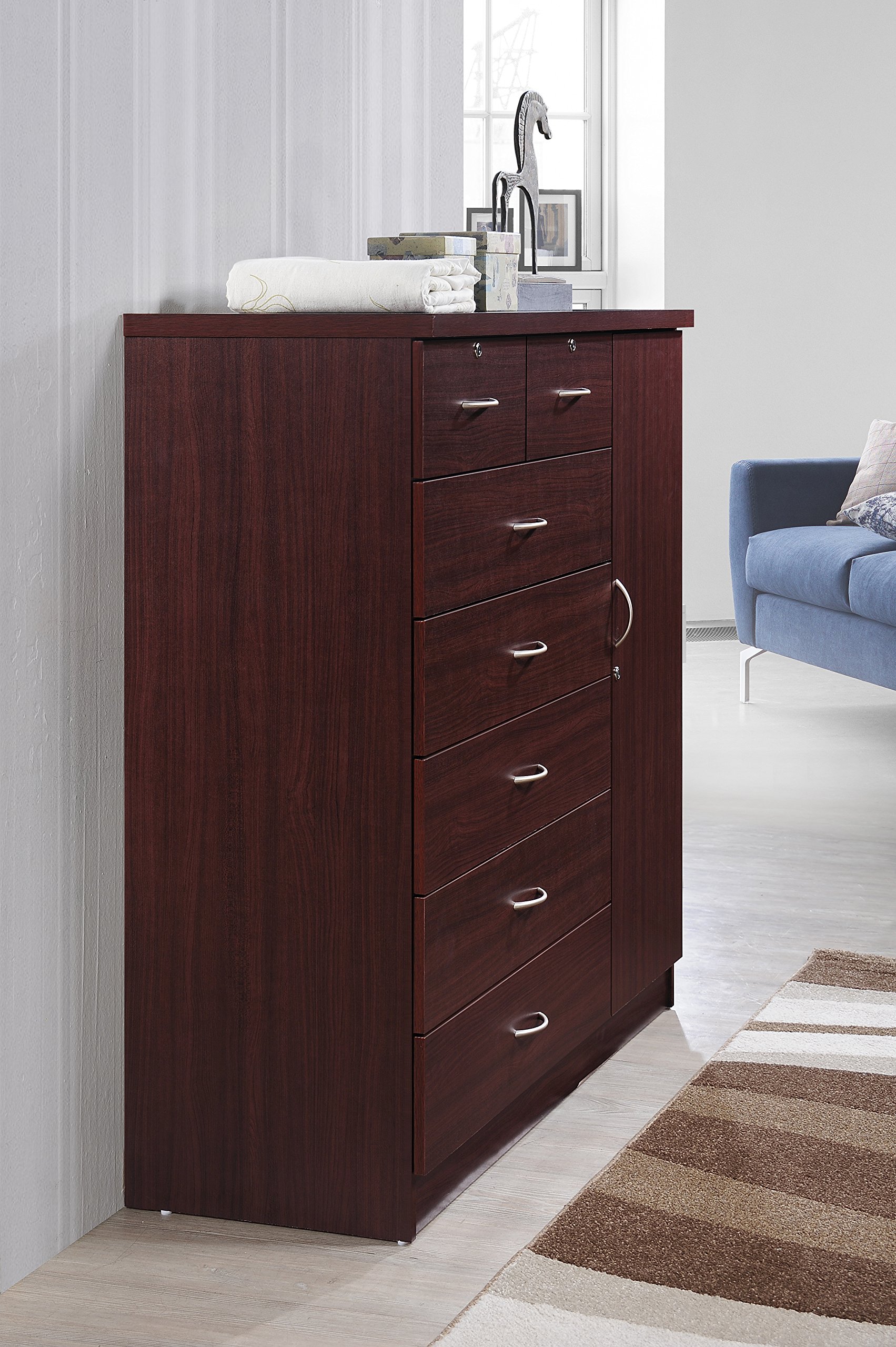 Hodedah 7-Drawer Jumbo Chest Organizer - 5 Large & 2 Small Drawers with Lock, Hanging Rod & 3 Shelves - Mahogany Finish (17.76