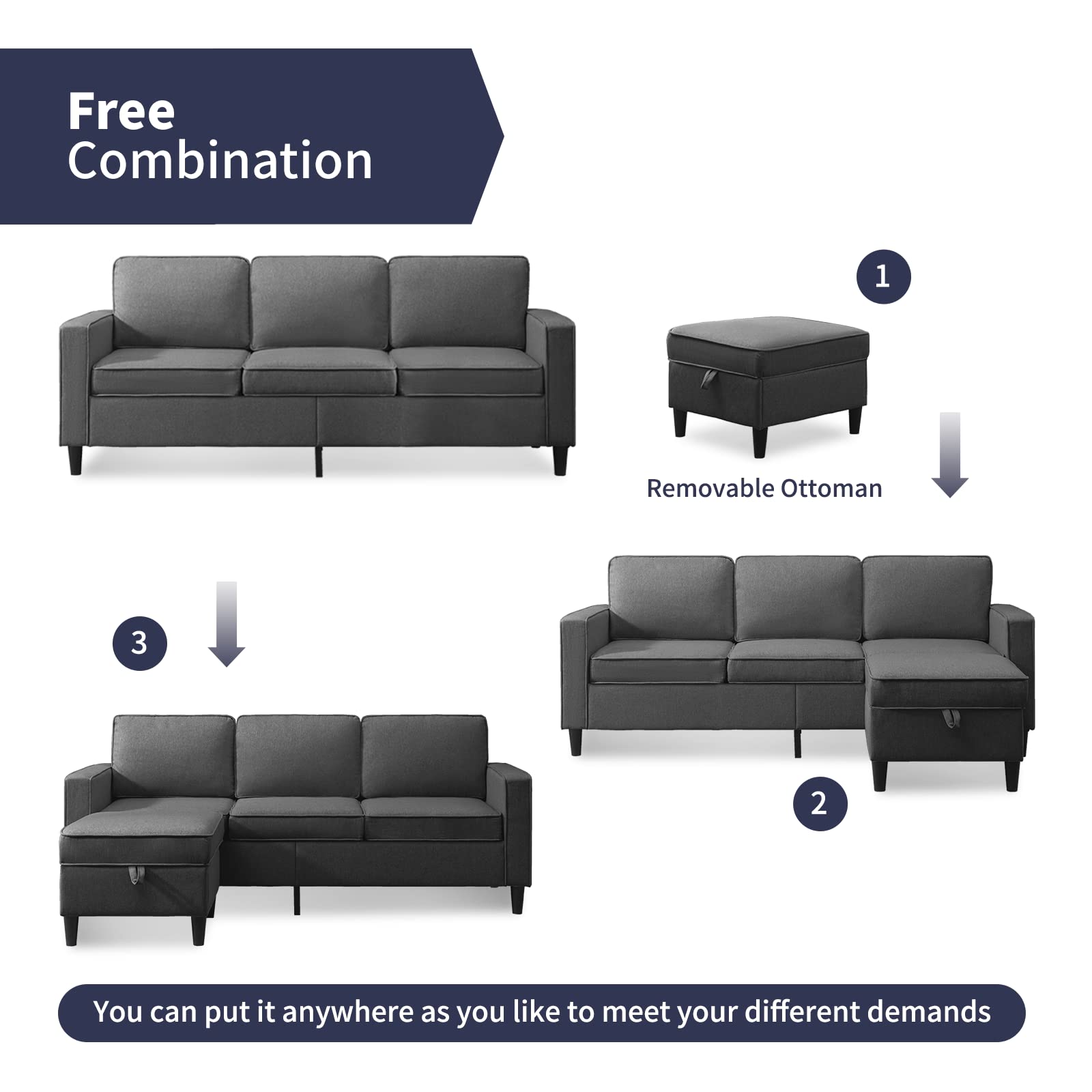4-Piece Sectional Sofa Set with Storage Ottoman - Dark Grey Living Room Furniture (3-Seat Sofa, Loveseat, Armchair & Ottoman) | Perfect for Small Spaces, Apartments & Family Gatherings