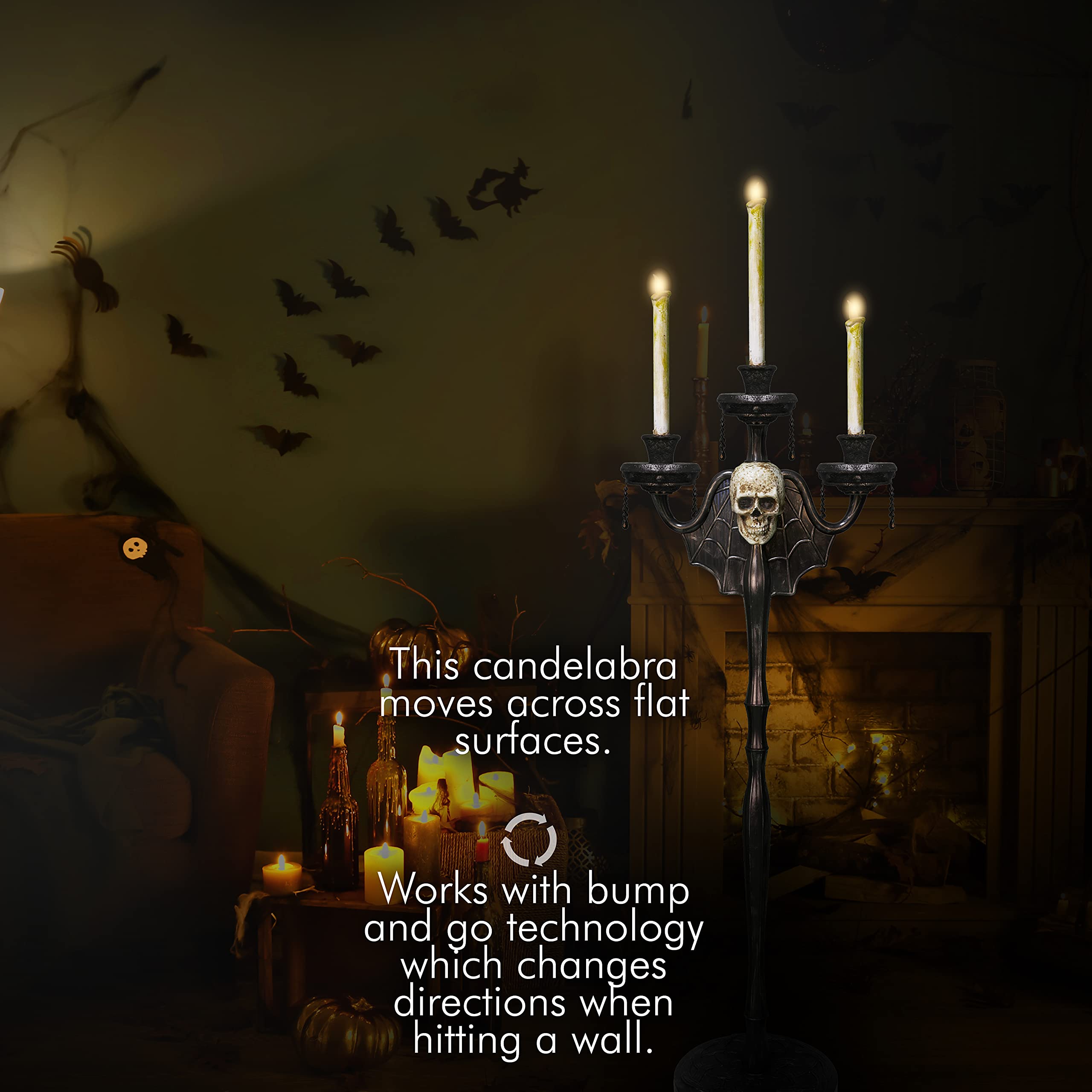 Skeleteen Animated Halloween Candelabra Decor - Gothic Haunted Mansion Black Skull Floating Candle Holder for Spooky Party Decorations (1 Piece) | Perfect for Halloween Parties, Haunted House Themes & Gothic Home Decor