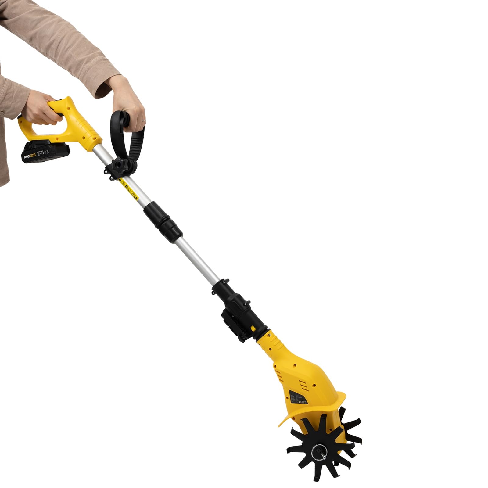 20V Cordless Electric Garden Tiller Cultivator with Steel Tines - Battery Powered Handheld Mini Tiller for Gardening - 3-4FT Adjustable Pole, 6.3