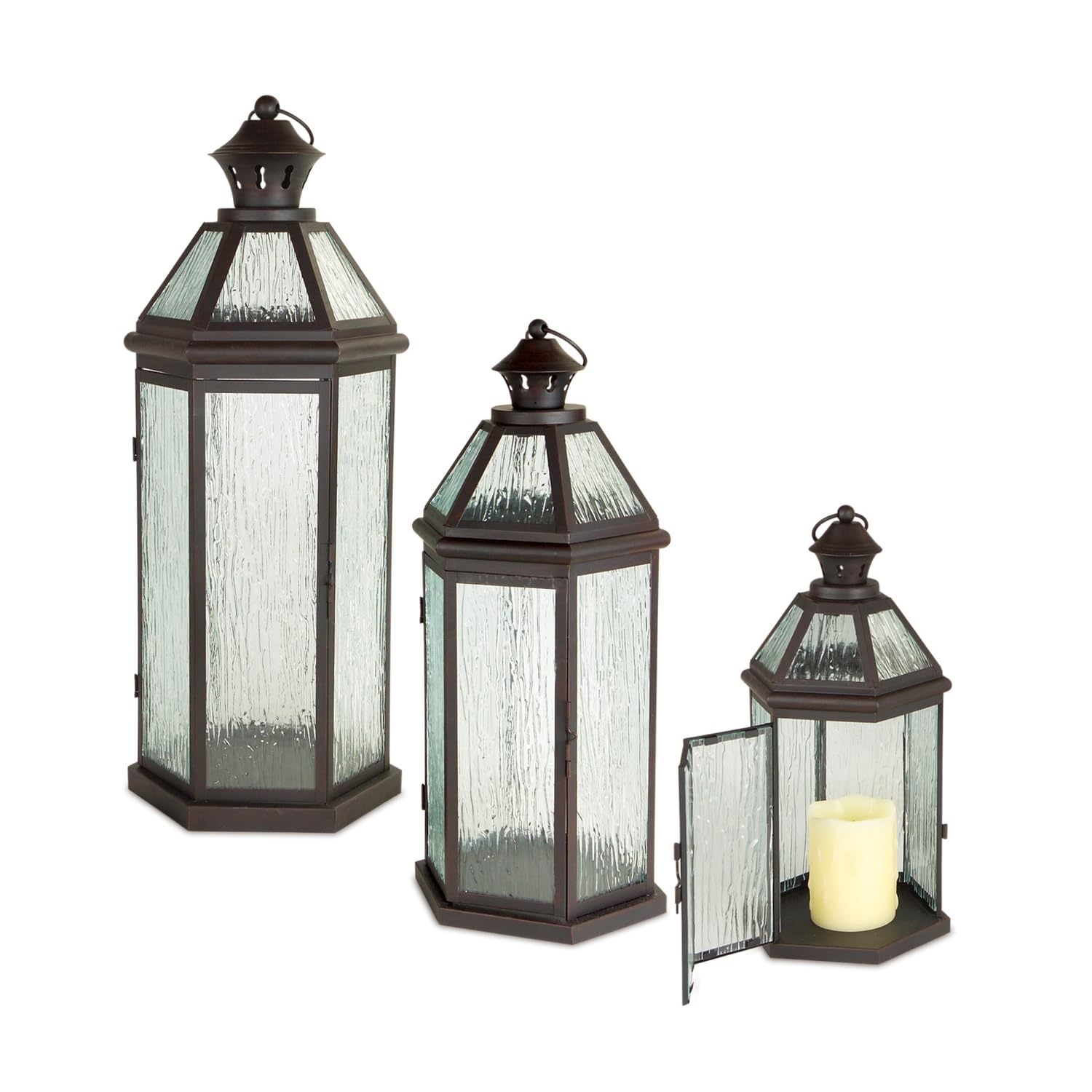 Set of 3 Brown and Clear Glass Pillar Candle Holders - 27.5 Inch Tall Rustic Lanterns for Home Decor, Wedding Centerpieces, and Outdoor Patio Lighting