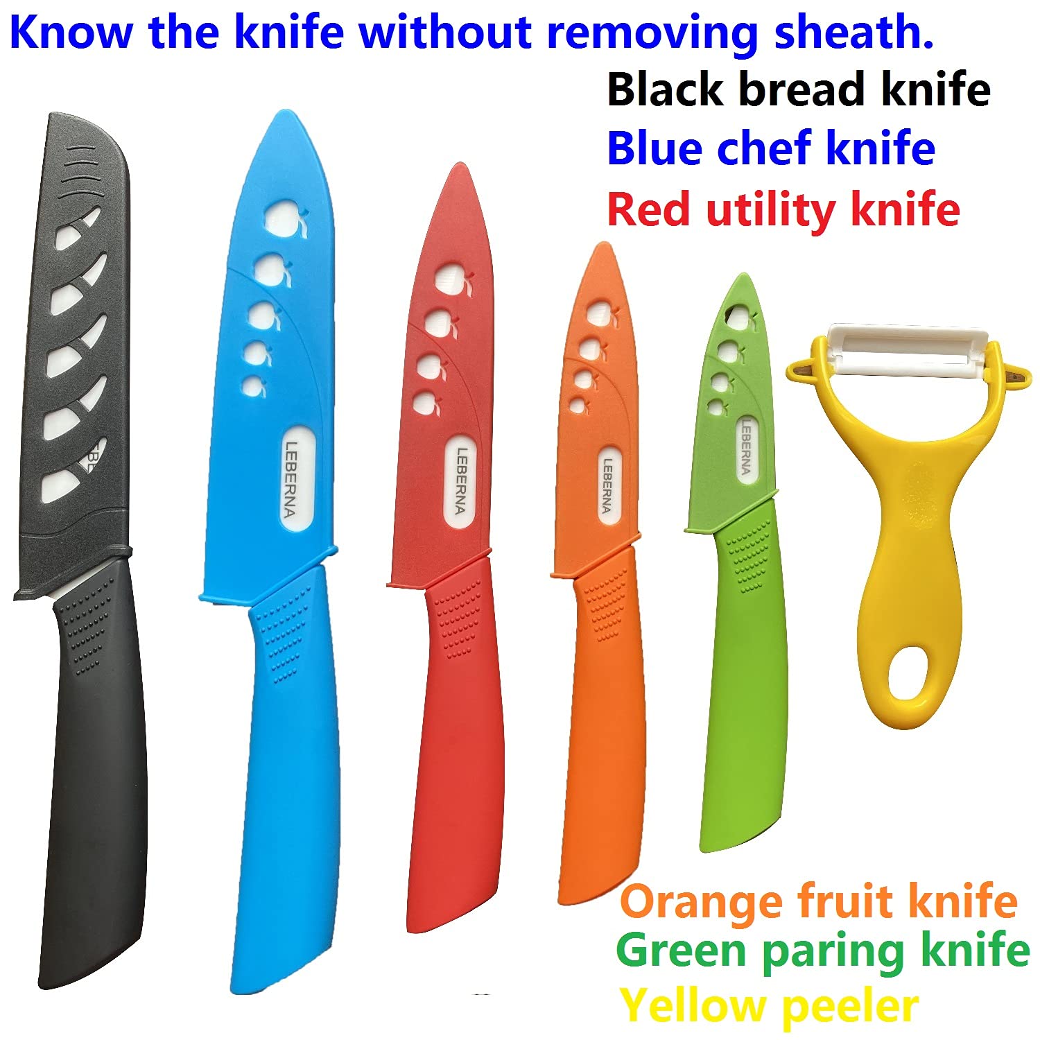 Premium Ceramic Knife Set - 6-Piece Colorful Kitchen Knives with Sheaths (6