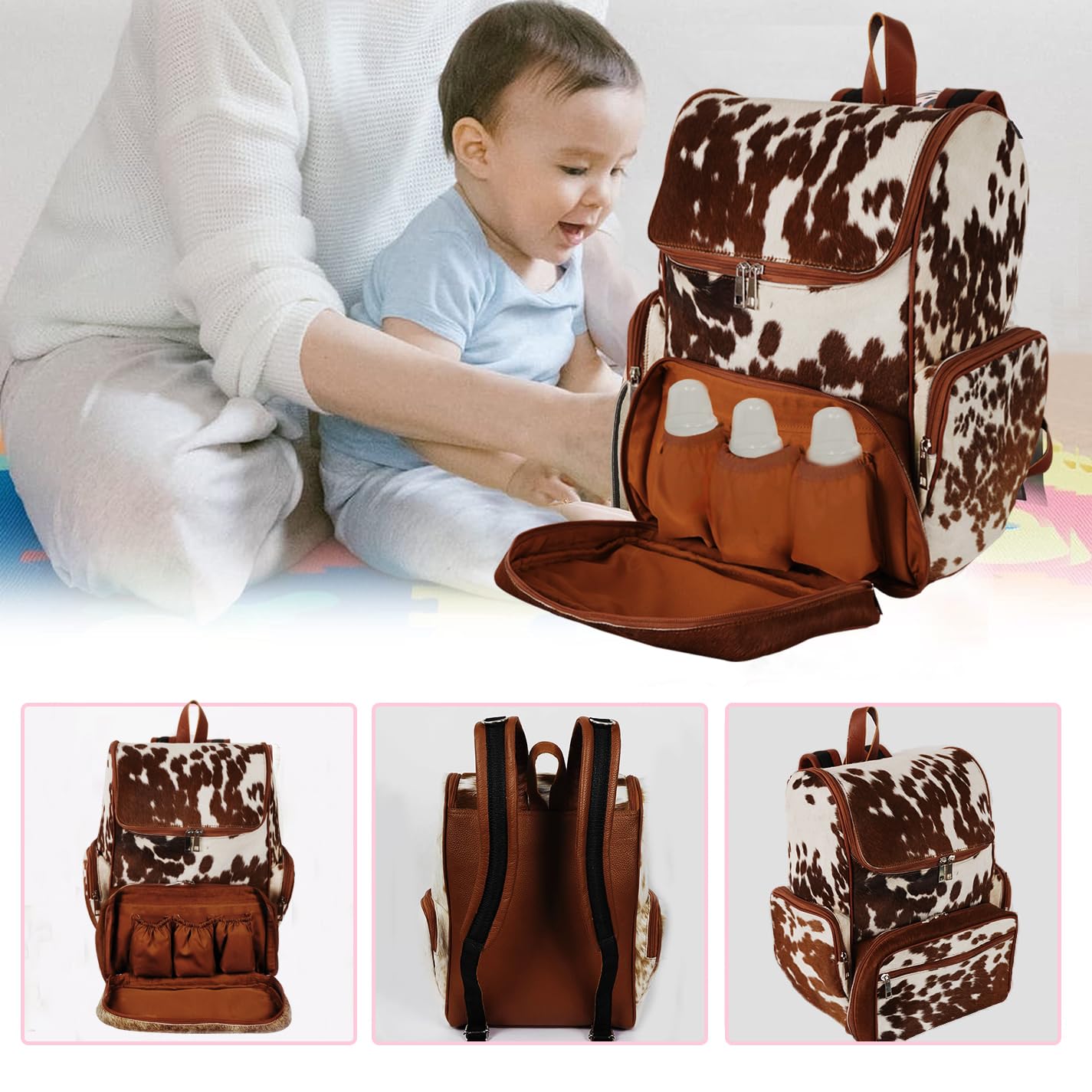 Premium Leather Diaper Backpack for Women & Men - Stylish Cow Print Maternity Travel Bag with Multiple Pockets | Perfect for Baby Essentials, Day Trips & Airplane Travel