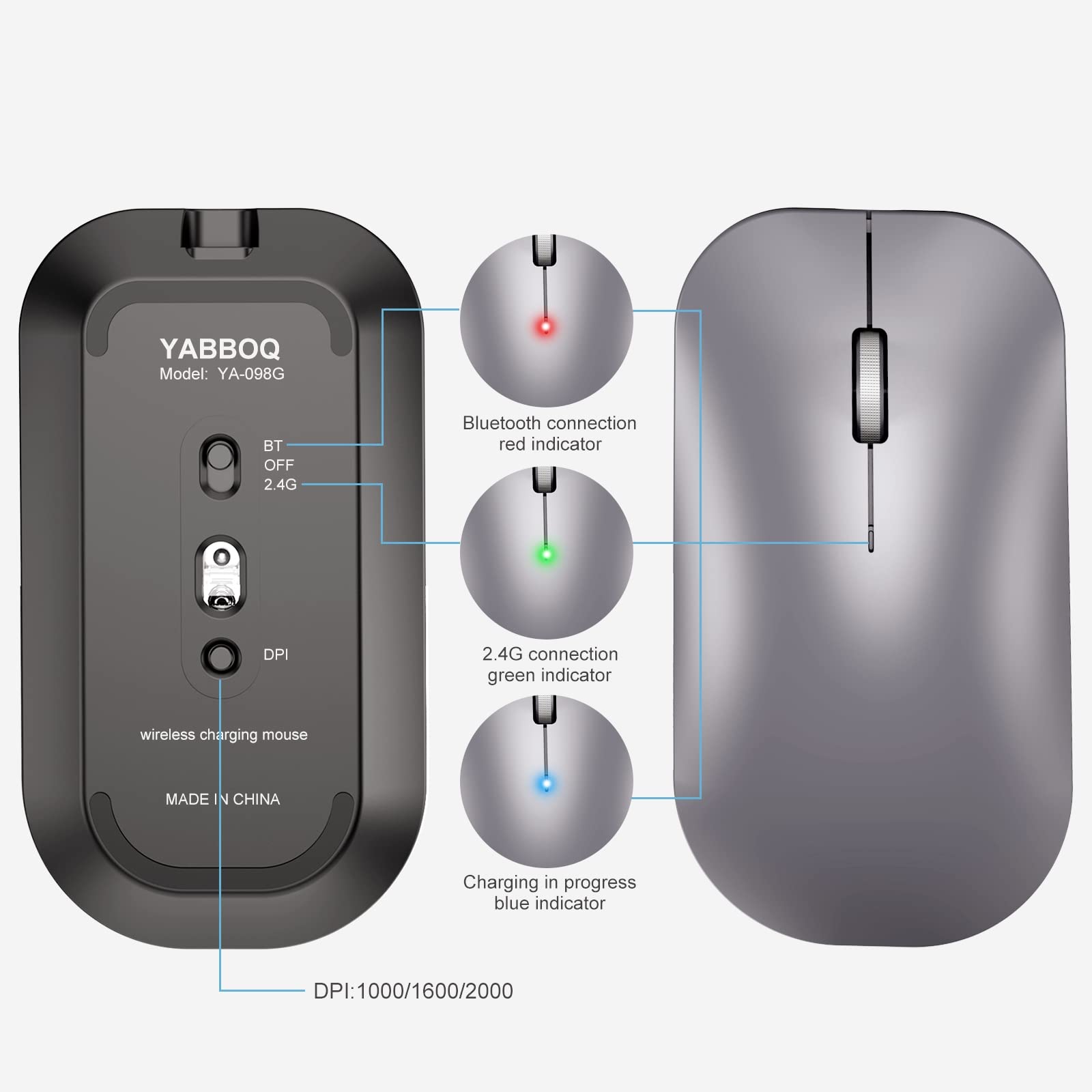 Rechargeable Wireless Bluetooth Mouse for Laptop, iPad, MacBook, Chromebook - Slim Silent Ergonomic Mouse for Left & Right Hand (Grey) - Perfect for Office, Home, Travel & Gaming Use