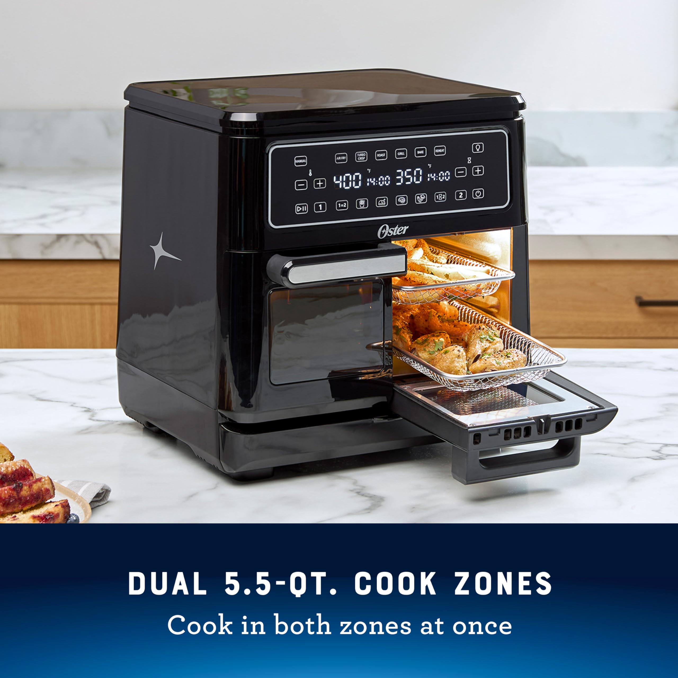 Oster 11-Quart Flex Air Fryer Oven - Dual Zone Air Fryer with 6 Cooking Functions & 2 Baskets - Large Capacity Countertop Air Fryer for Healthy Frying, Baking, Roasting - Perfect for Family Meals & Party Snacks
