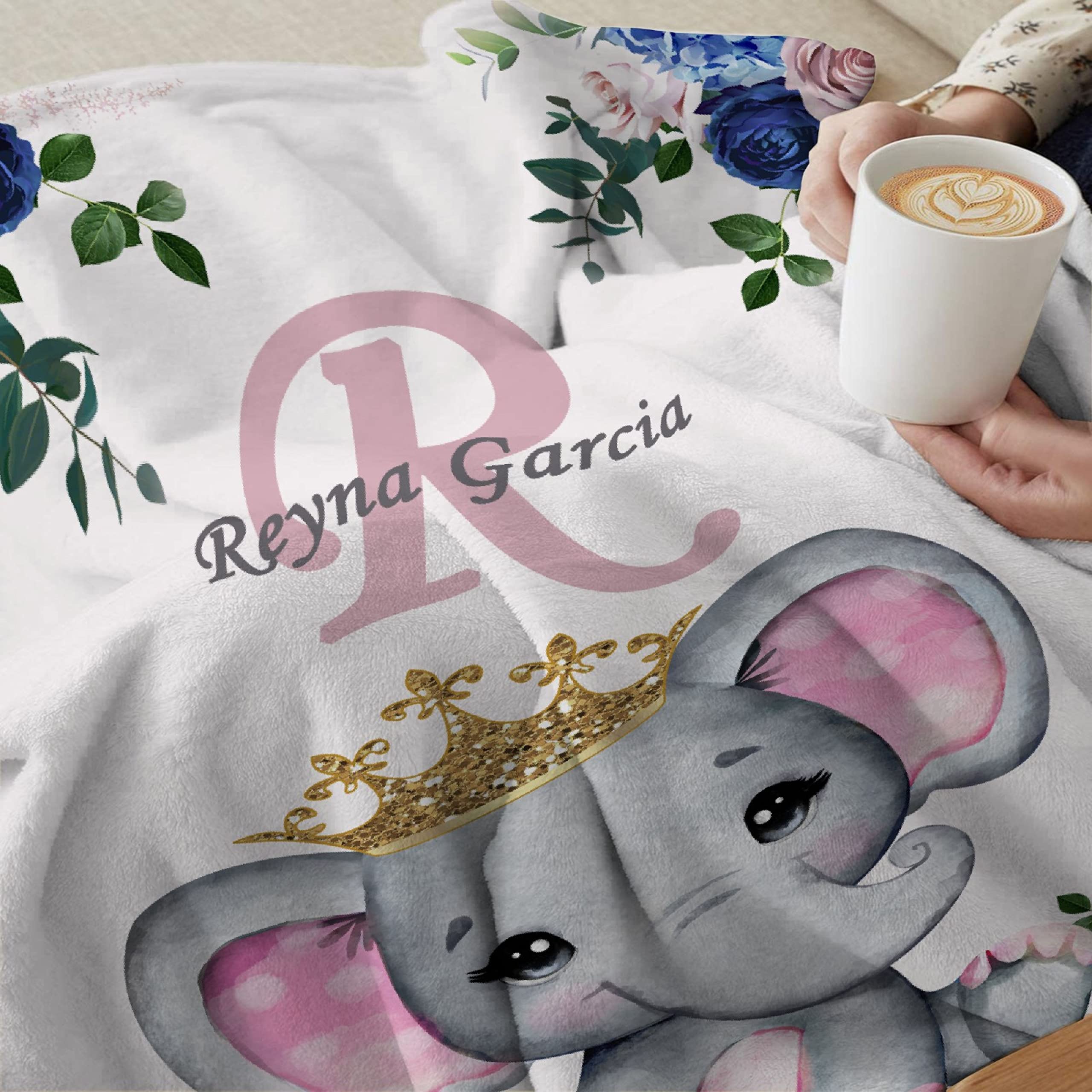 Personalized Baby Blanket with Name - Pink Floral Elephant Design Custom Fleece Blanket for Girls & Boys | Soft 120