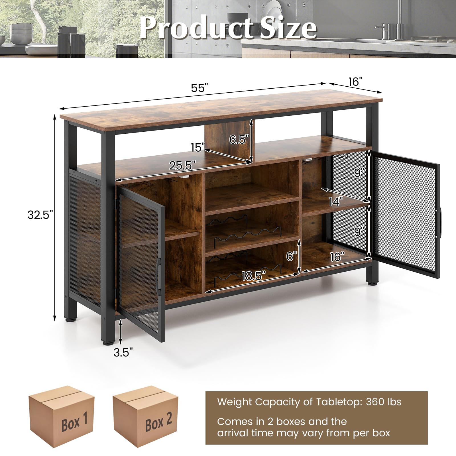 LOKO Wine Bar Cabinet with 8-Bottle Wine Racks & Glass Holders - Kitchen Buffet Sideboard, Coffee Bar Cabinet with Storage, Liquor Cabinet & TV Stand for Dining Room & Living Room - Perfect for Entertaining Guests, Storing Beverages & Enhancing Home Decor (Brown)
