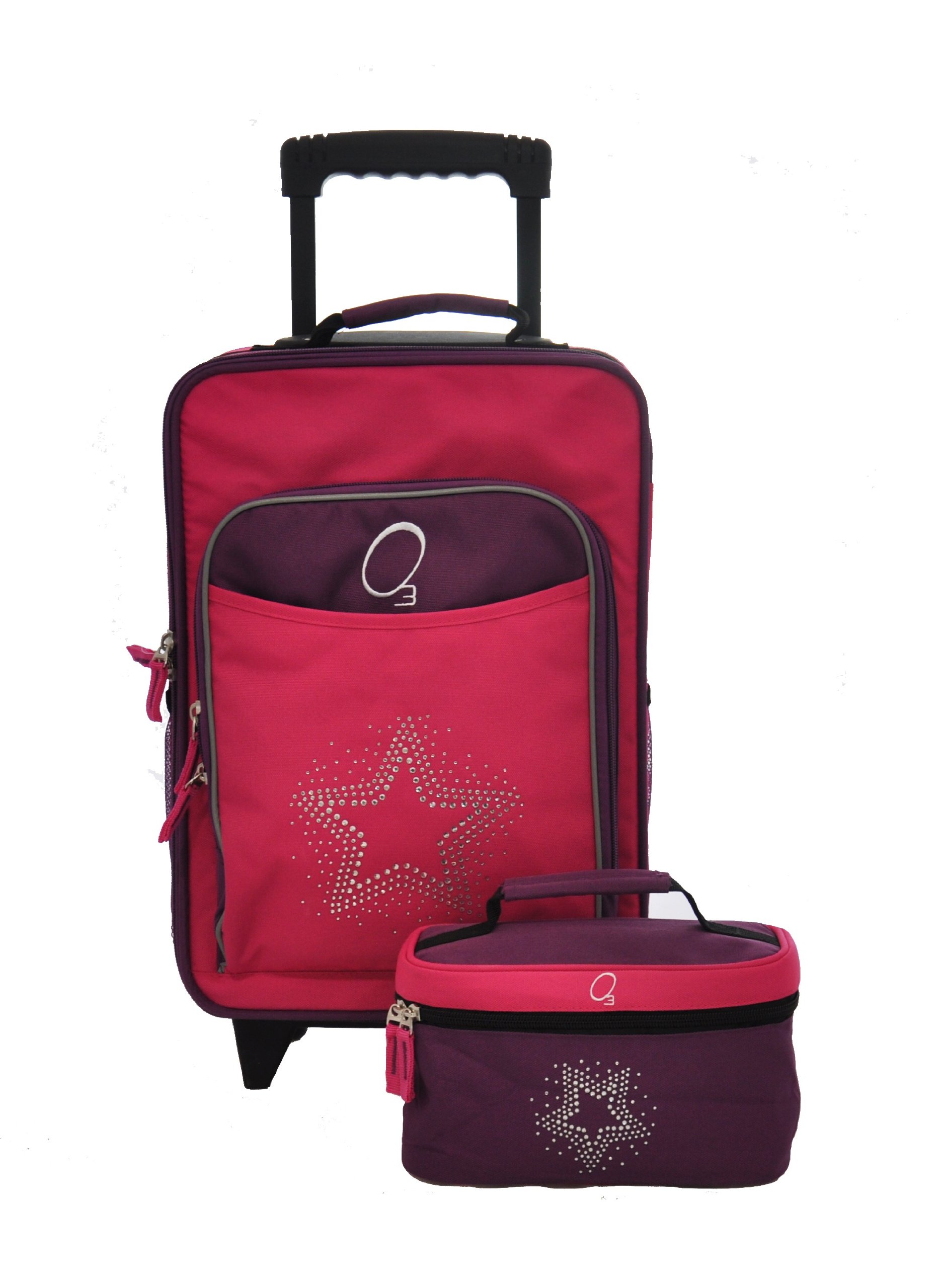 Obersee Kids Luggage Set with Rolling Suitcase & Rhinestone Star Travel Toiletry Bag - Durable Children's Carry-On for Airplane Travel, Vacation & Sleepovers (Pink)