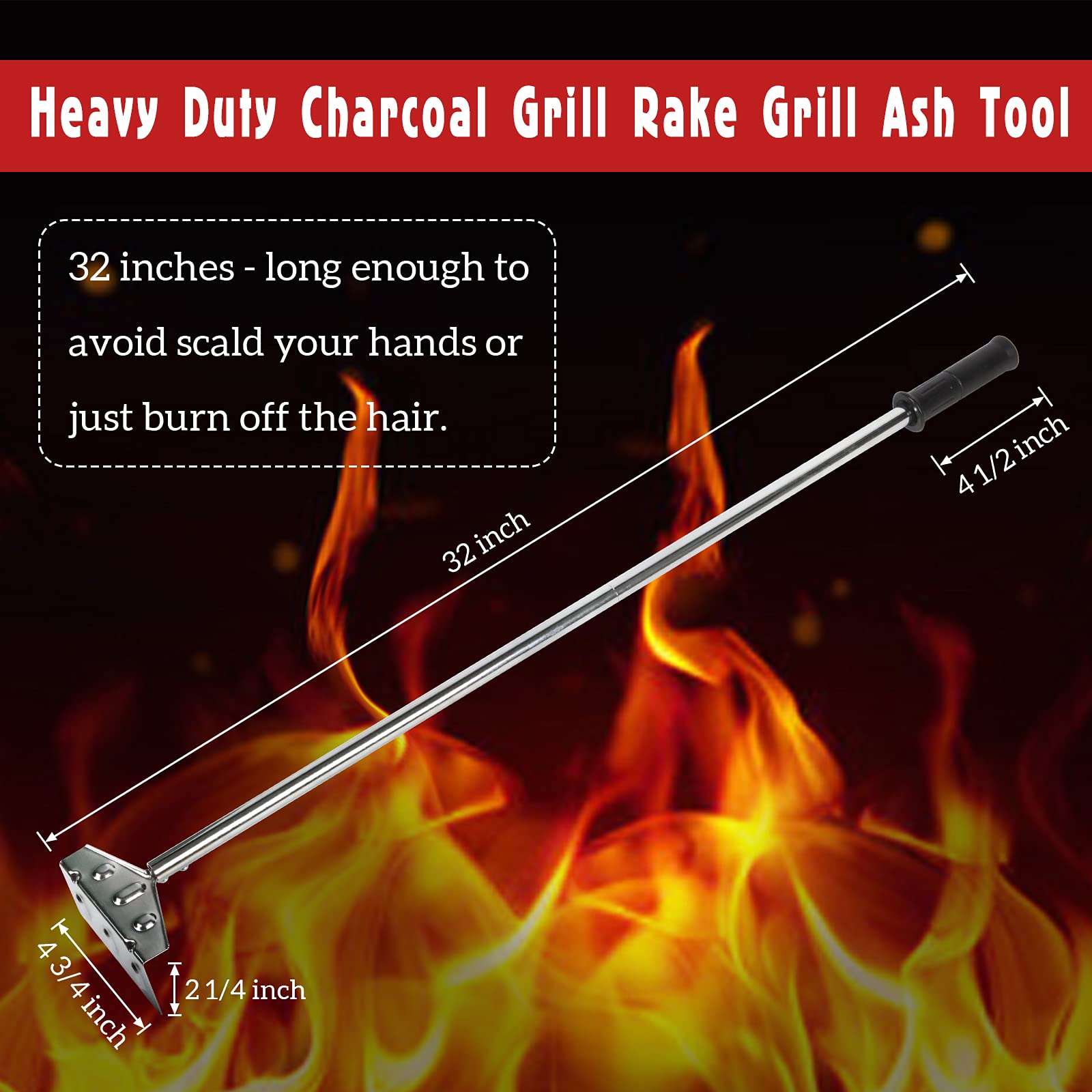 Heavy Duty Charcoal Grill Rake with Rubber Handle - 32 Inch Ash Tool for Kettle Grills & Pizza Ovens - Perfect for Backyard BBQs, Camping & Outdoor Cooking