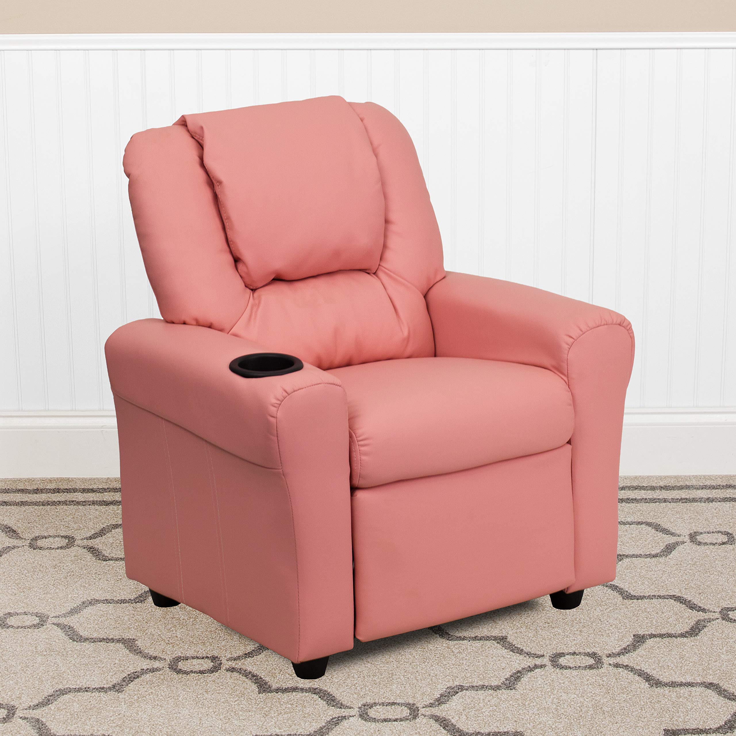 Pink Vinyl Kids Recliner Chair with Cup Holder & Headrest - Soft Comfortable Lounge Chair for Boys Girls Bedroom, Playroom or Nursery