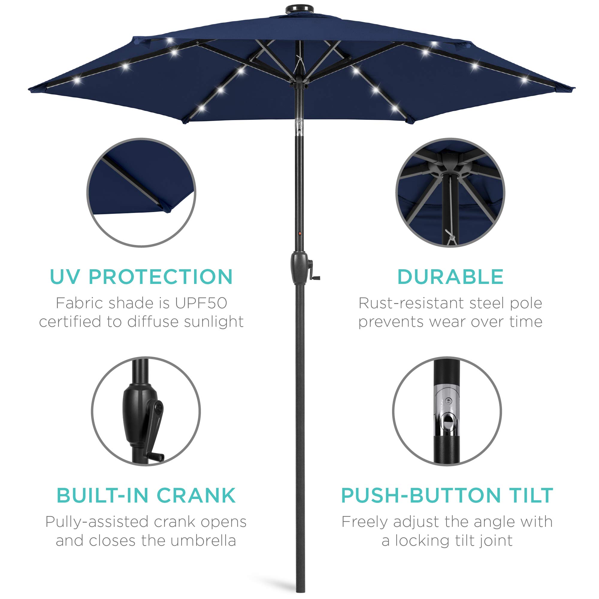 Best Choice Products 7.5ft Outdoor Solar-Powered LED Patio Umbrella with Tilt & Crank - Navy Blue Market Table Umbrella for Deck, Poolside, Garden, Backyard & Outdoor Dining