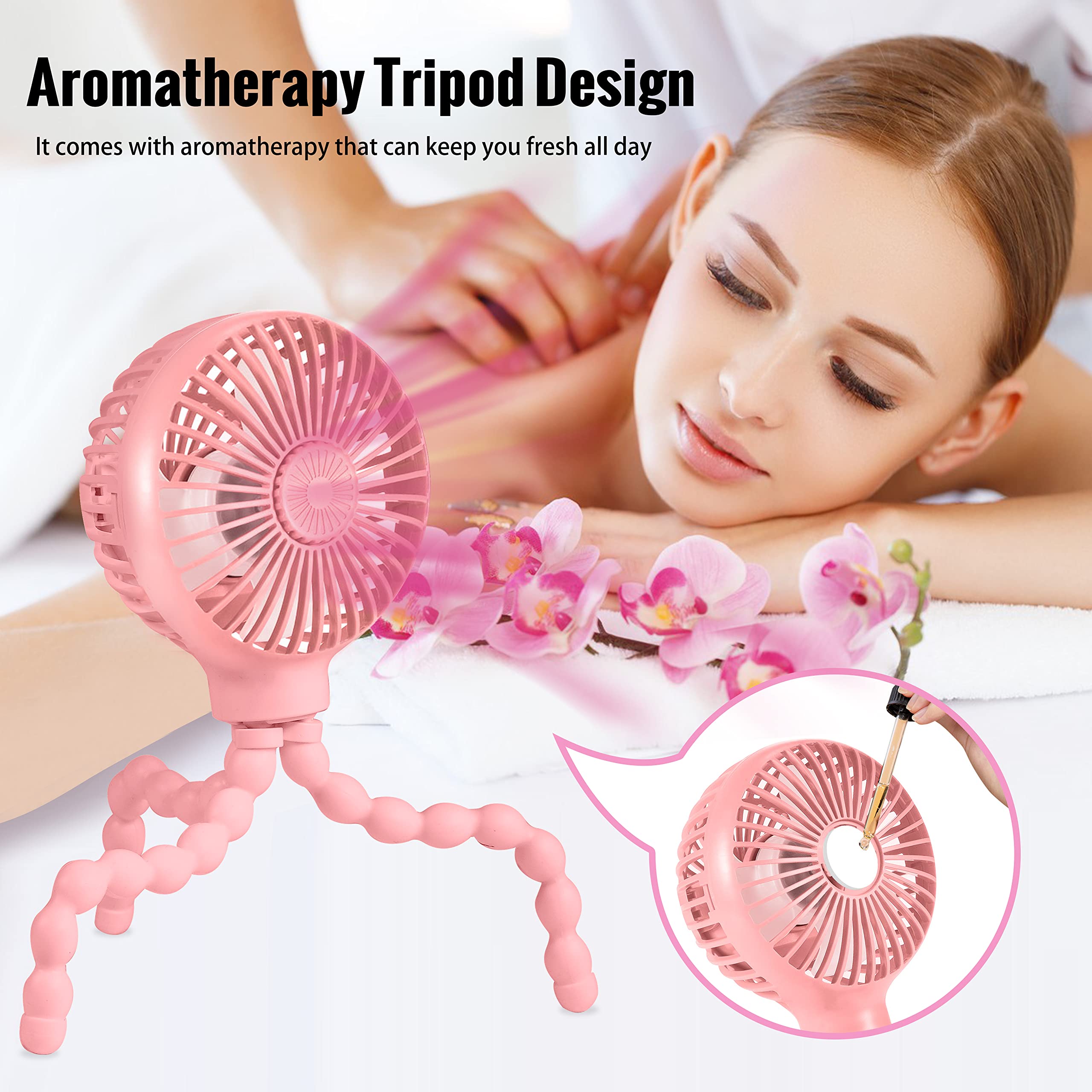 Upgraded Stroller Fan - Mini USB Rechargeable Battery Operated Desk Fan with Flexible Tripod & 3 Speed Settings | Portable Clip On Fan for Baby Car Seat, Crib, Treadmill, Office & Home Use (Pink)