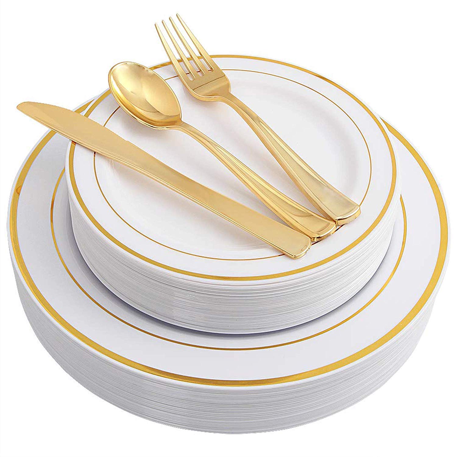 750-Piece White Plastic Dinner Plates with Gold Trim & Gold Silverware Set - Elegant Disposable Tableware for 150 Guests - Perfect for Weddings, Parties, and Special Events