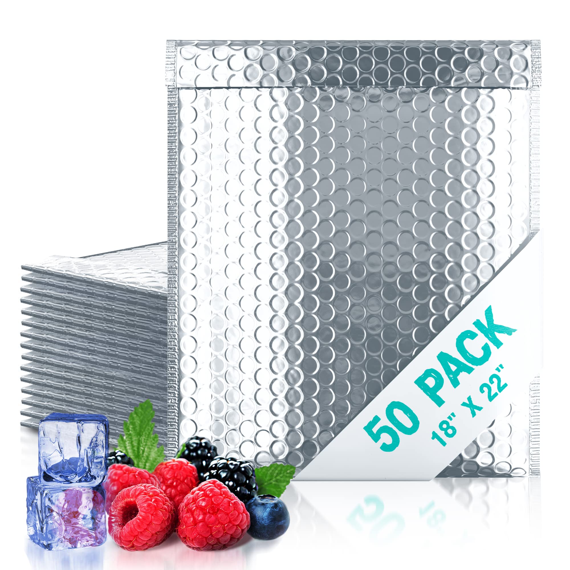 Silver Thermal Bubble Mailers 18x22 Inches - 50 Pack Self-Seal Metallic Bubble Envelopes | Waterproof Insulated Shipping Pouches for Food Delivery, Cosmetic Packaging & Ecommerce Shipments - Perfect for Perishables, Skincare Products & Online Store Orders