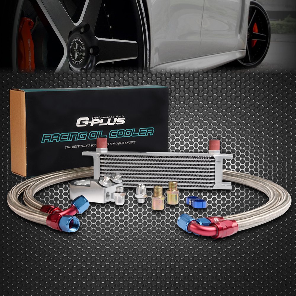 10 Row AN10 Aluminum Universal Engine Transmission Oil Cooler Kit with Oil Filter Adapter & Hose Ends - Silver - Perfect for High-Performance Cars, Trucks, and Racing Vehicles
