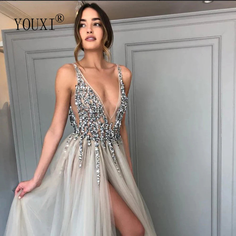 Elegant Light Gray Beaded Prom Dress with V-Neck, High Slit & Sweep Train - Sleeveless Backless A-Line Evening Gown for Homecoming, Formal Dances & Special Occasions
