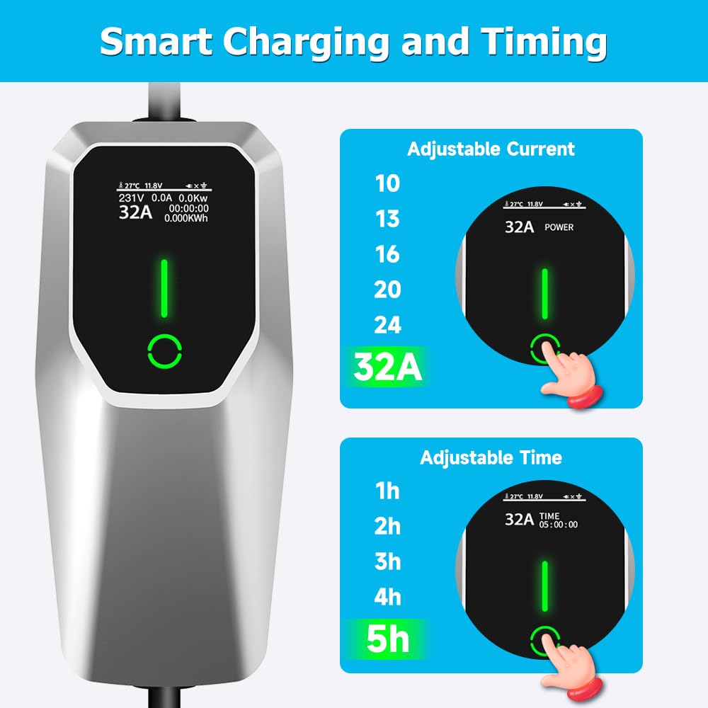Portable Level 2 EV Charger 7.68KW Fast Charging Station with J1772 Connector & NEMA 14-50 Plug | Smart Scheduled Charging | Compatible with All Electric & Hybrid Vehicles | Perfect for Home, Garage & Road Trip Charging