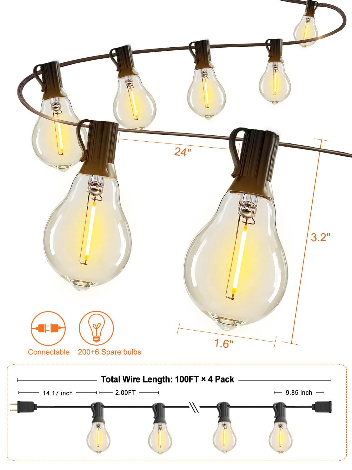 400FT Outdoor String Lights (4x100FT) - Waterproof LED Patio Lights with 208 Shatterproof Edison Bulbs, Connectable for Backyard, Balcony, Bistro & Porch - 2200K Warm White on Black Cord - Perfect for Outdoor Dining, Garden Parties & Evening Ambiance