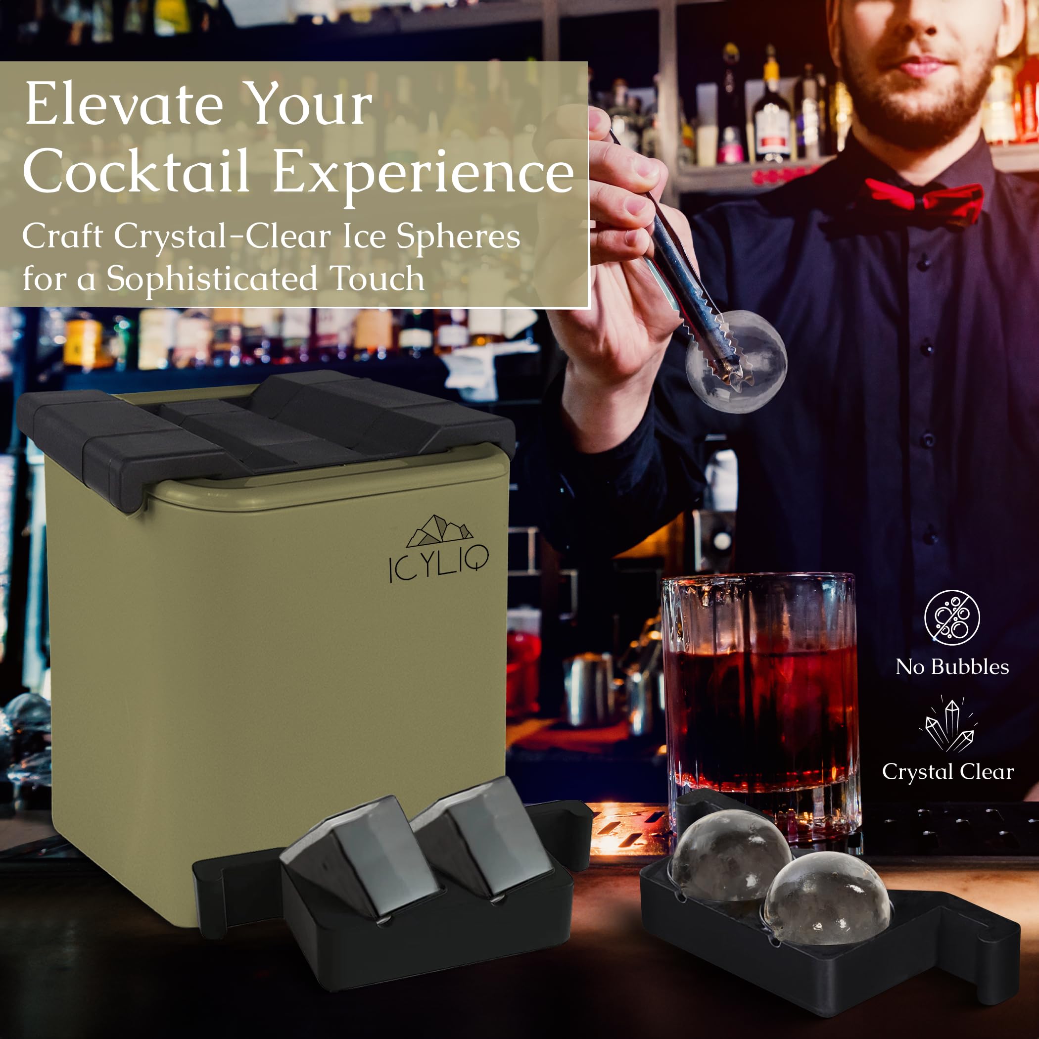 Premium Clear Ice Cube Maker & Silicone Tray Set - Whiskey & Cocktail Ice Mold for Perfect Large 4-Ball Ice Cubes | Home Bar, Parties & Entertaining