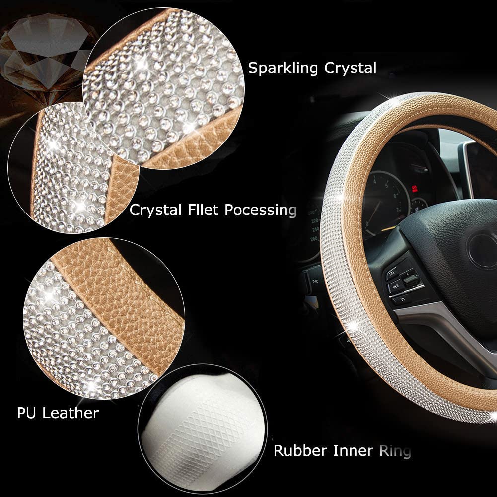 Diamond Rhinestone Leather Steering Wheel Cover - Universal 15 Inch Fit for Cars, SUVs & Trucks - Bling Crystal Design for Women & Girls (Gold) - Perfect for Luxury Cars, Gifts & Special Occasions