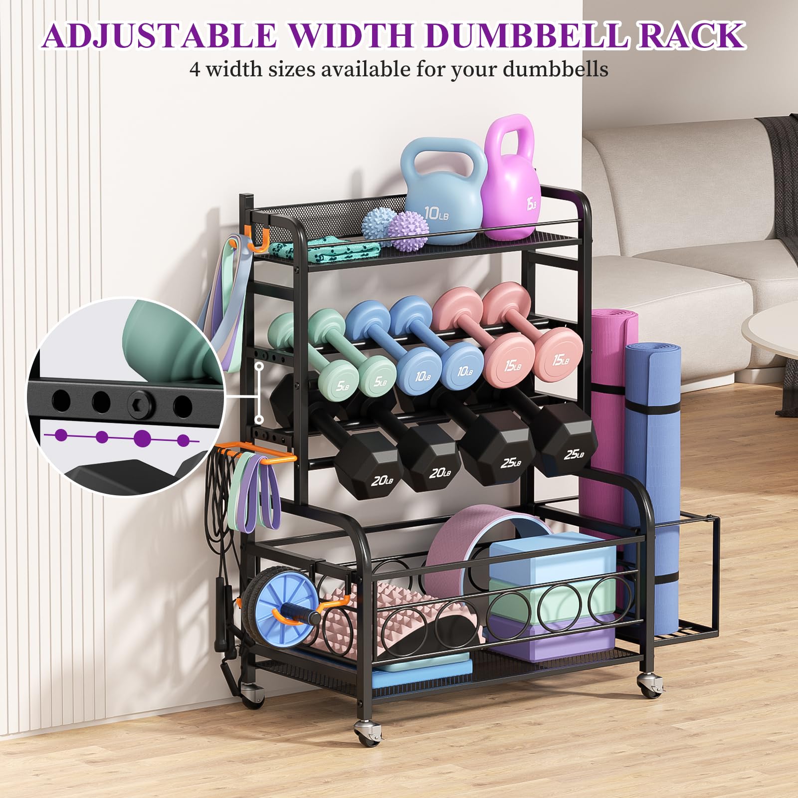 VOPEAK Heavy Duty Dumbbell Rack with Wheels - Adjustable Weight Stand for Home Gym Storage, Organizer for Dumbbells, Kettlebells, Yoga Mats & Strength Training Equipment - Perfect for Garage, Basement & Fitness Room Organization